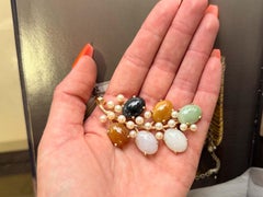 Mings Hawaii Multi Color Oval Cabochon Jade and Pearl Brooch 14k Yellow Gold