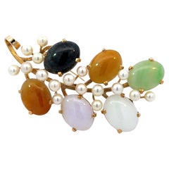 Mings Hawaii Multi Color Oval Cabochon Jade and Pearl Brooch 14k Yellow Gold