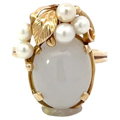 Vintage Mings Hawaii Oval Cabochon White Jade Pearl Leaf Ring 14k Yellow Gold