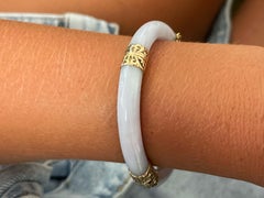 Mings Hawaii Pale Blue Jade Hinged Bangle in 14Karat Yellow Gold