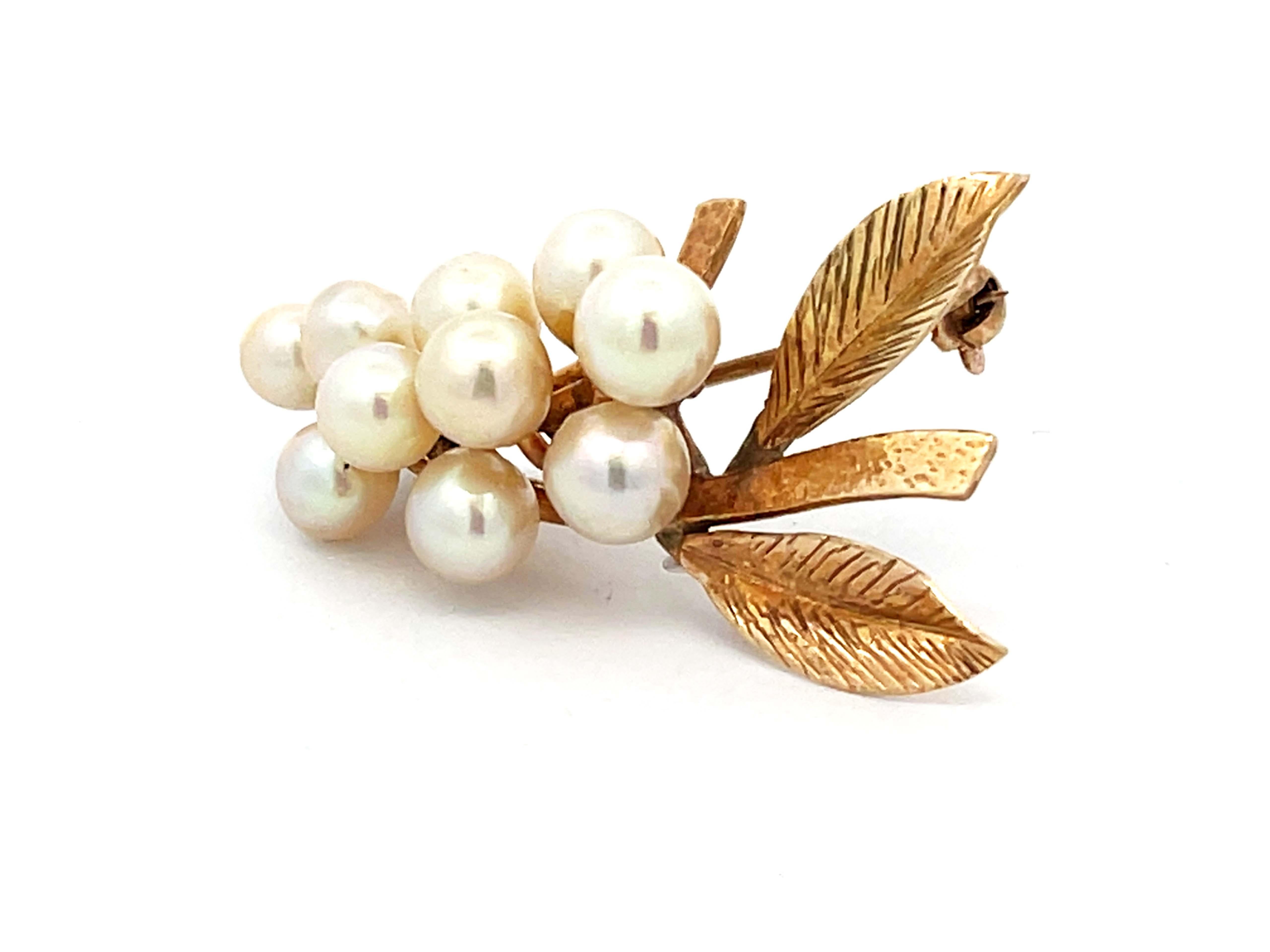 Round Cut Mings Hawaii Pearl Branch Brooch in 14k Yellow Gold For Sale