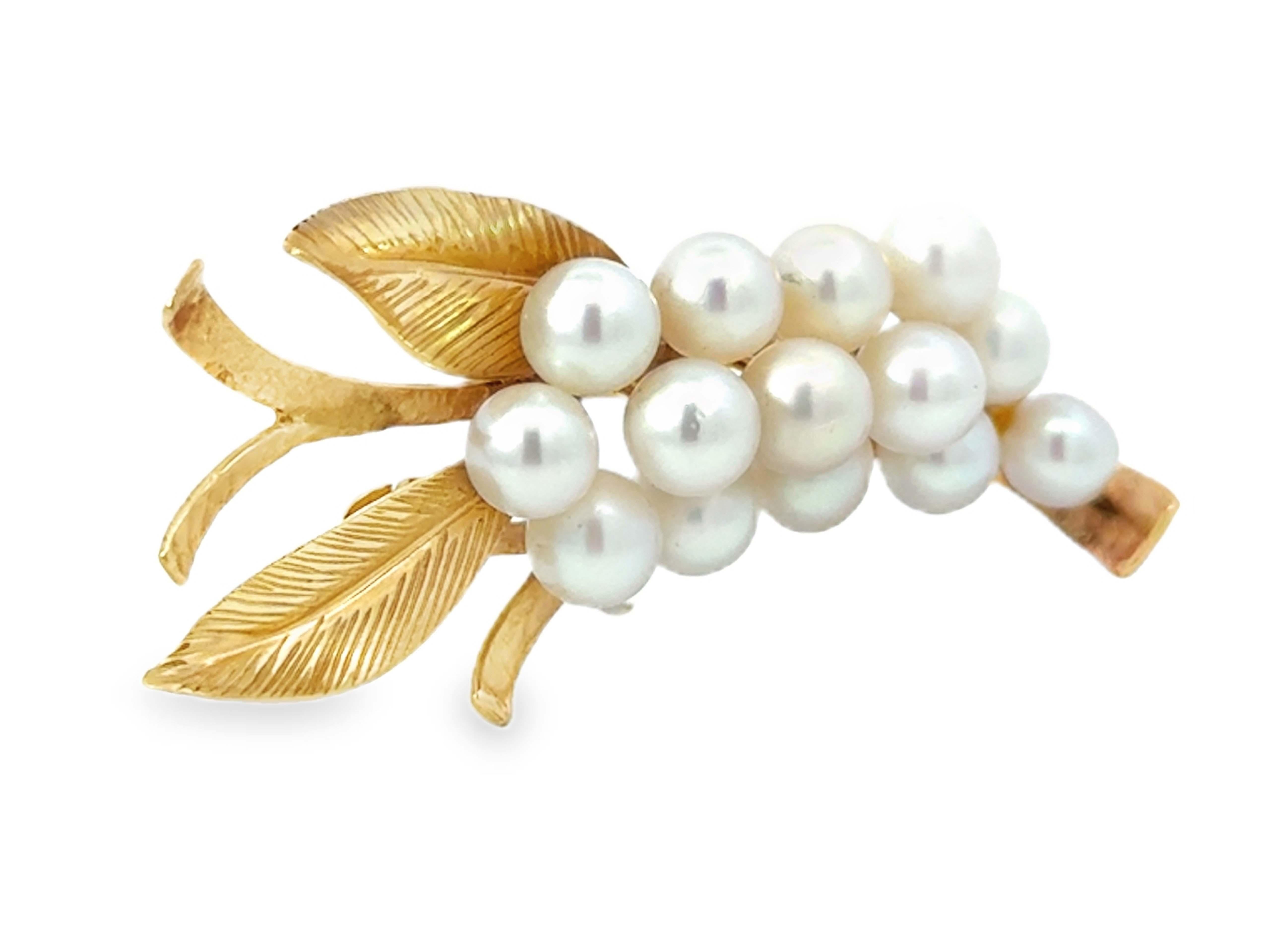 Modern Mings Hawaii Pearl Leaf Branch Brooch Solid 14k Yellow Gold For Sale