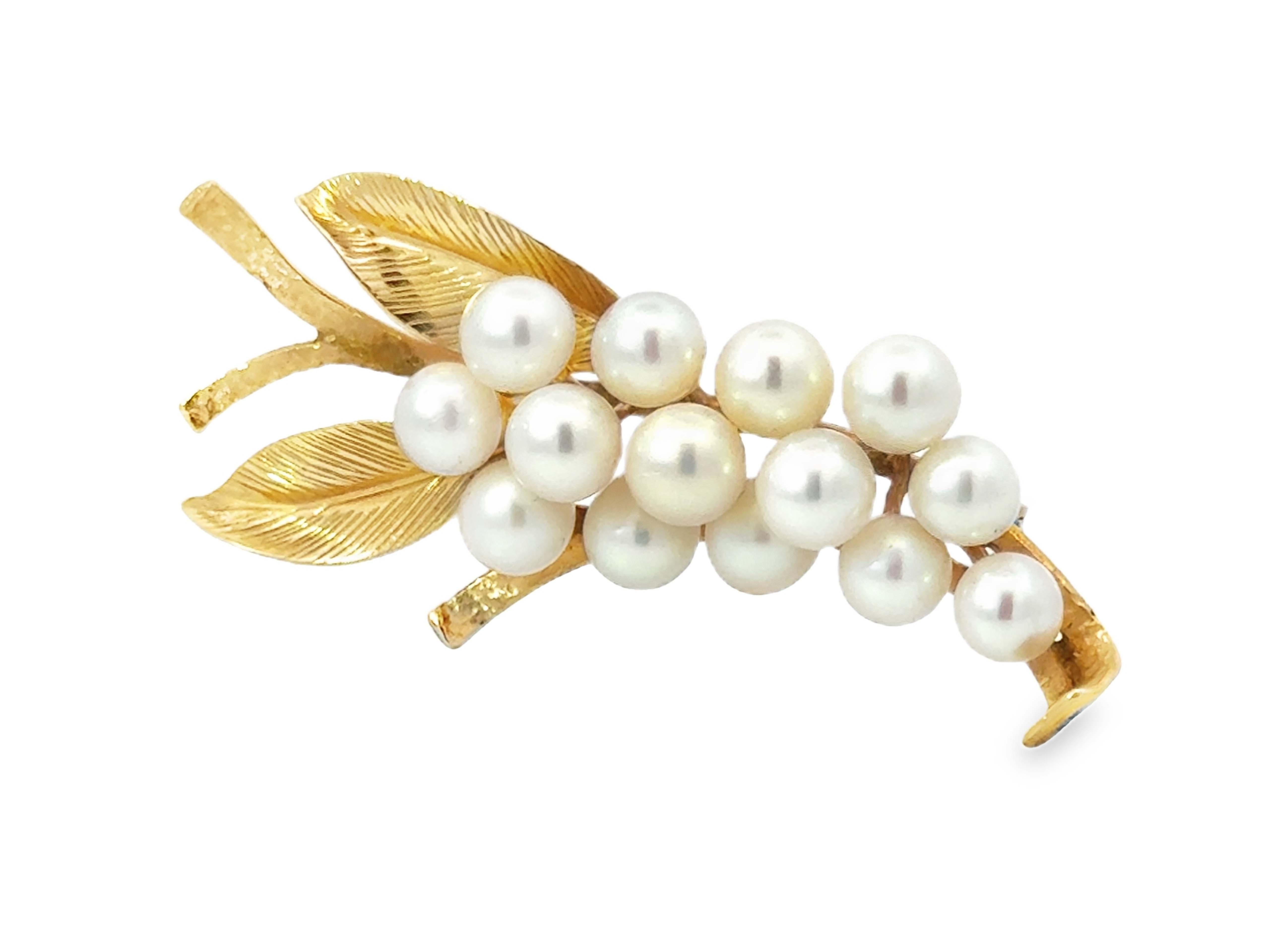 Round Cut Mings Hawaii Pearl Leaf Branch Brooch Solid 14k Yellow Gold For Sale