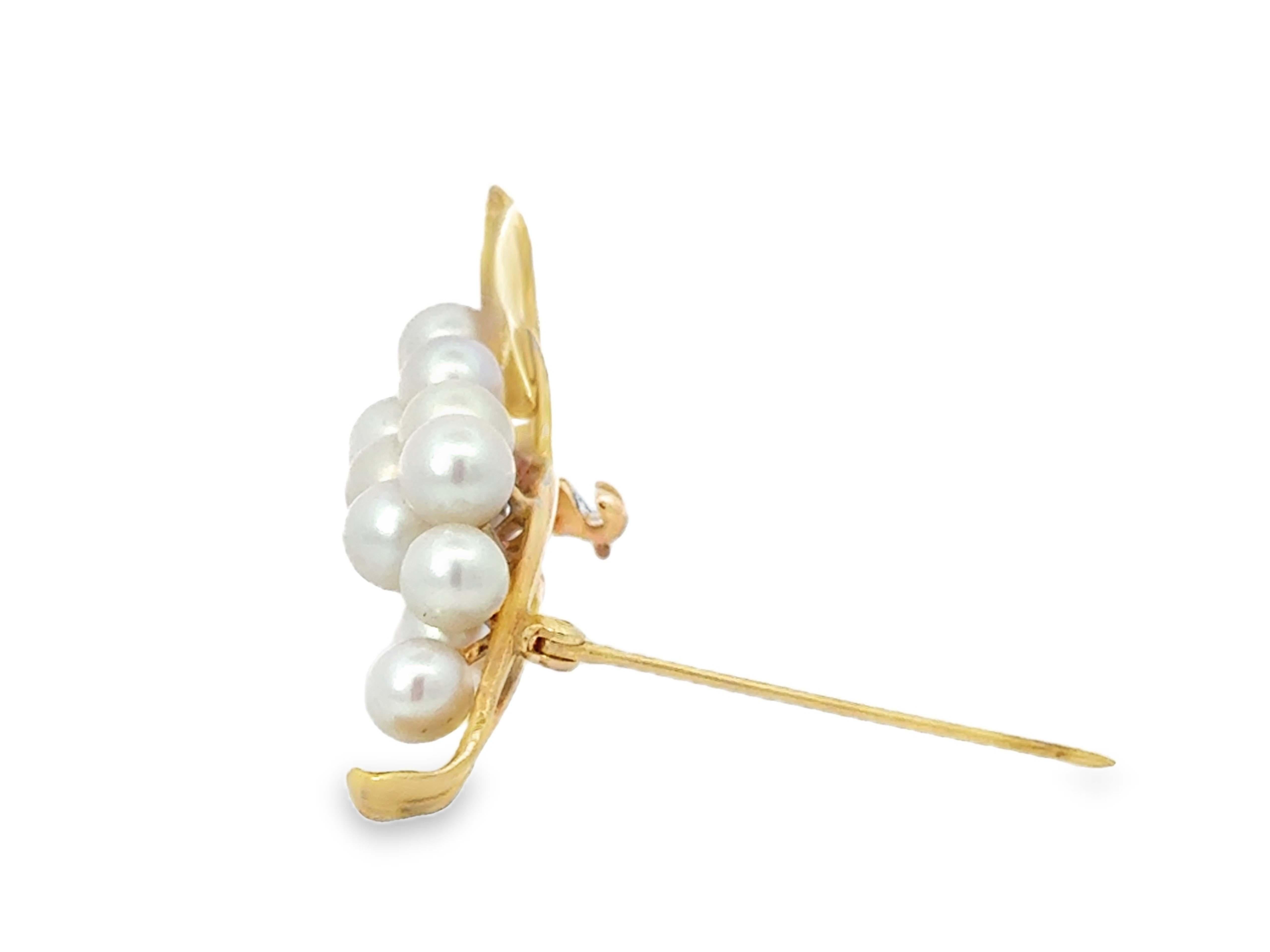 Women's Mings Hawaii Pearl Leaf Branch Brooch Solid 14k Yellow Gold For Sale