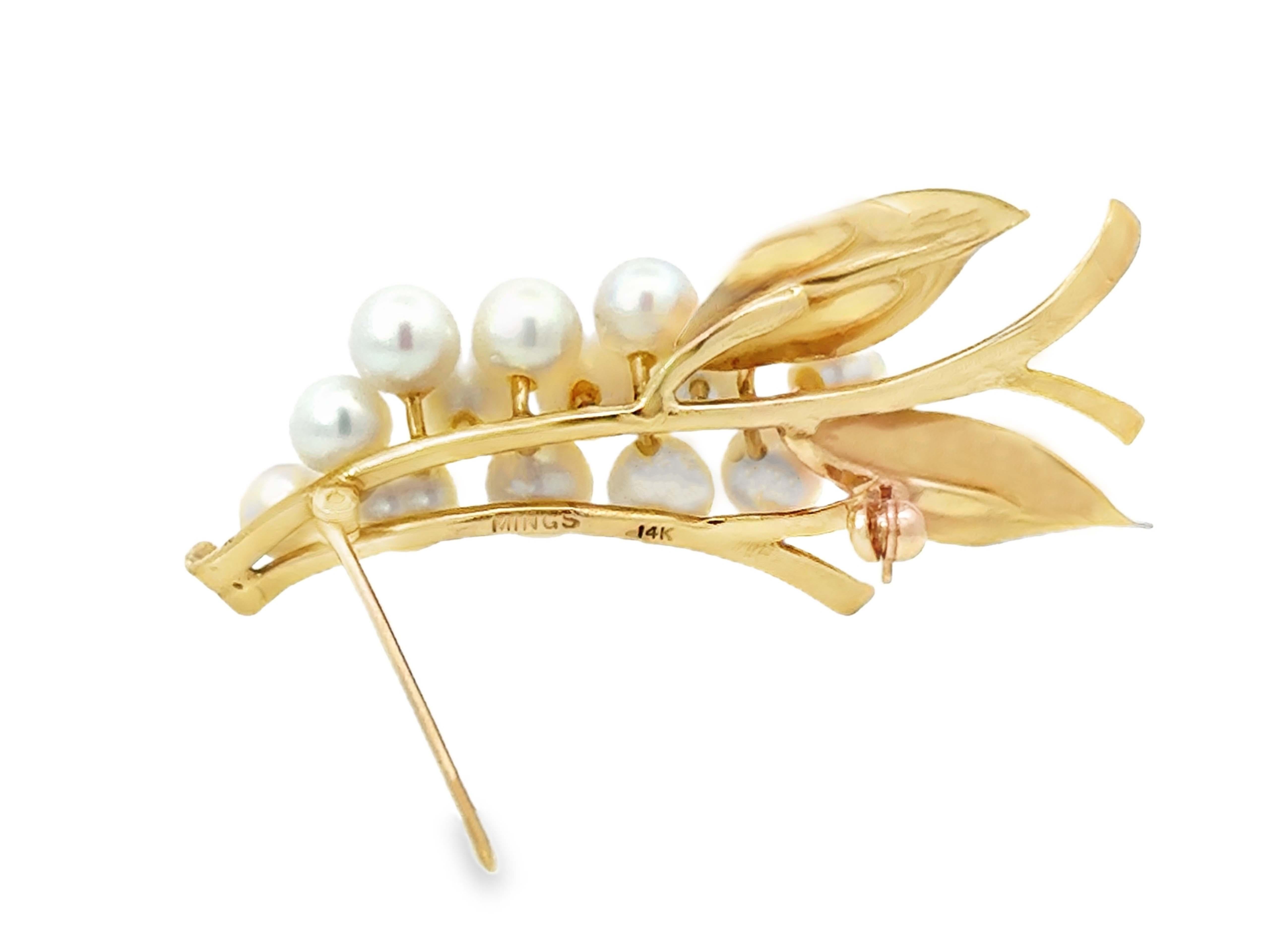 Mings Hawaii Pearl Leaf Branch Brooch Solid 14k Yellow Gold For Sale 1