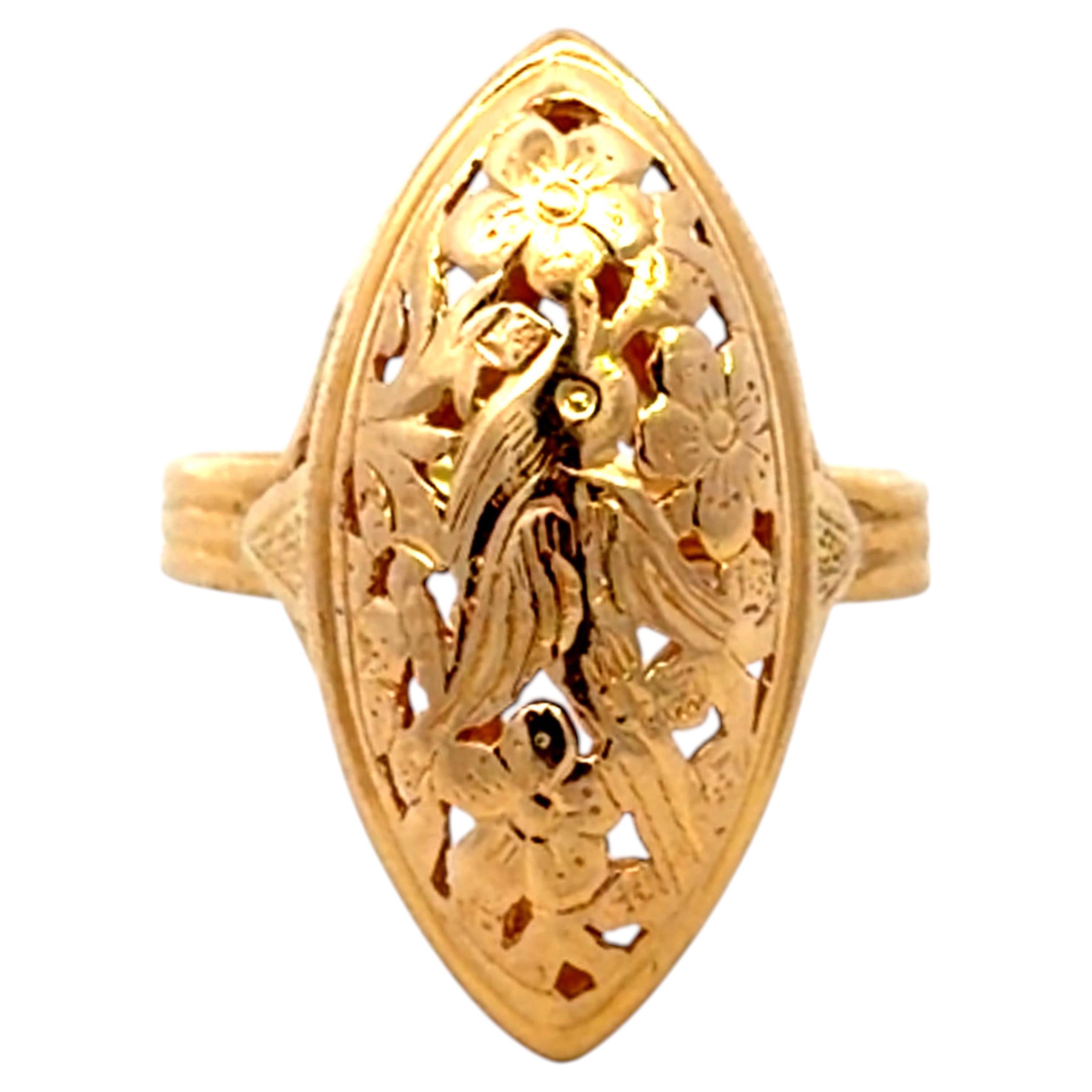 Ming Ming, bague percée en or jaune 14k, oiseau sur prune marquise