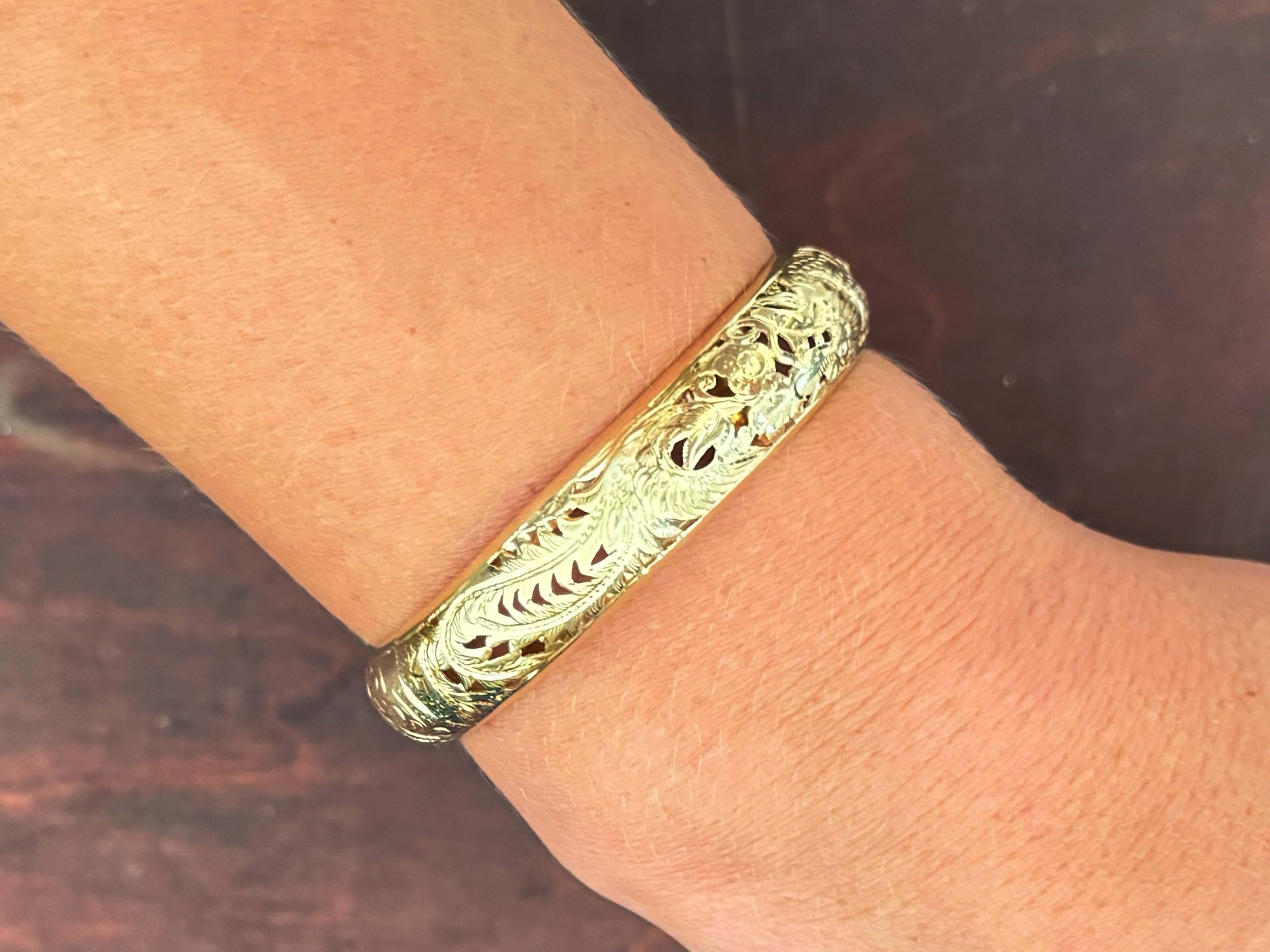 Ming's Hawaii durchbohrt Drache und Phoenix Gold Scharnier Armreif 14K Gelbgold (Moderne)