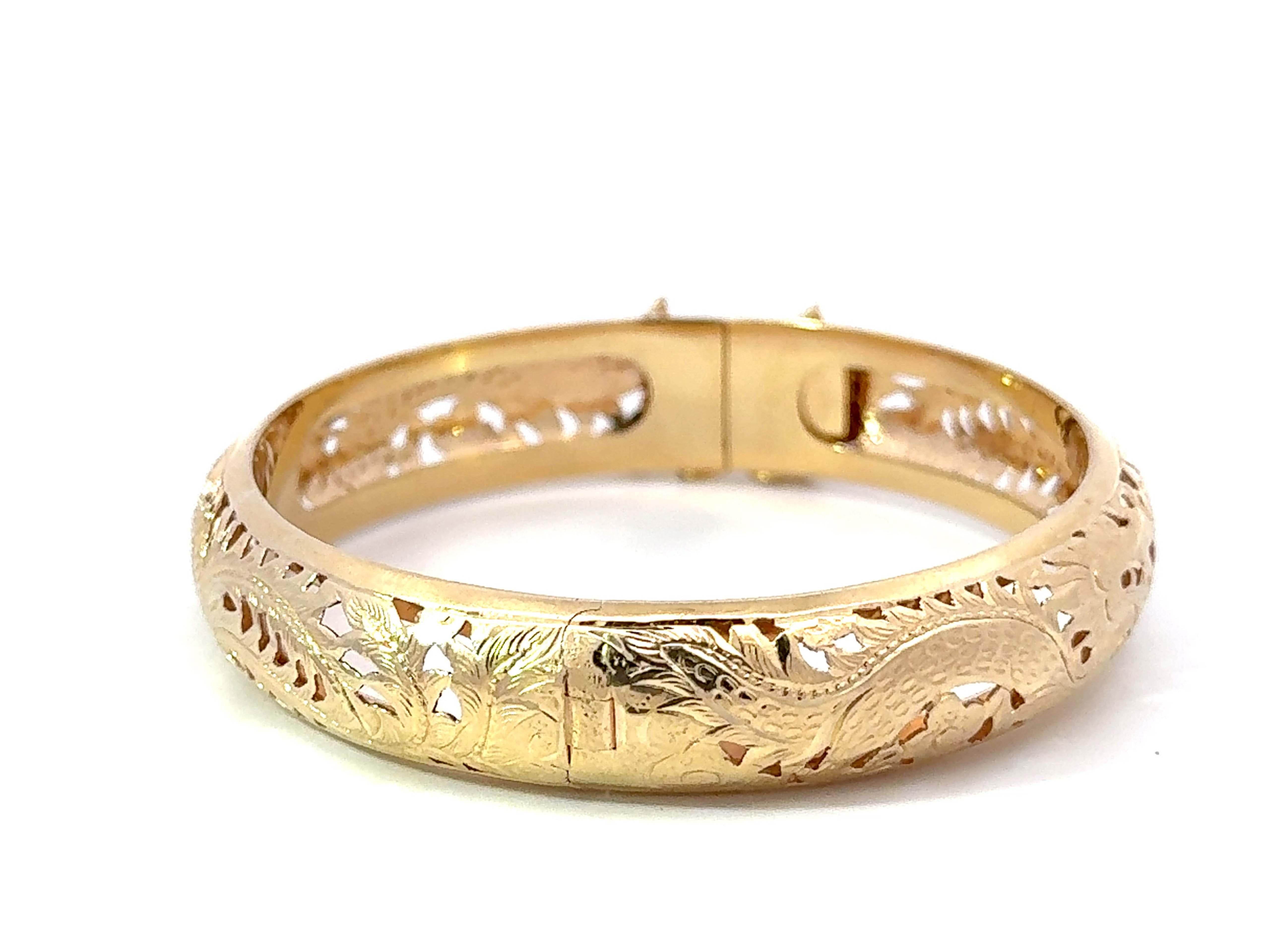 Women's Ming's Hawaii Pierced Dragon and Phoenix Gold Hinged Bangle 14K Yellow Gold