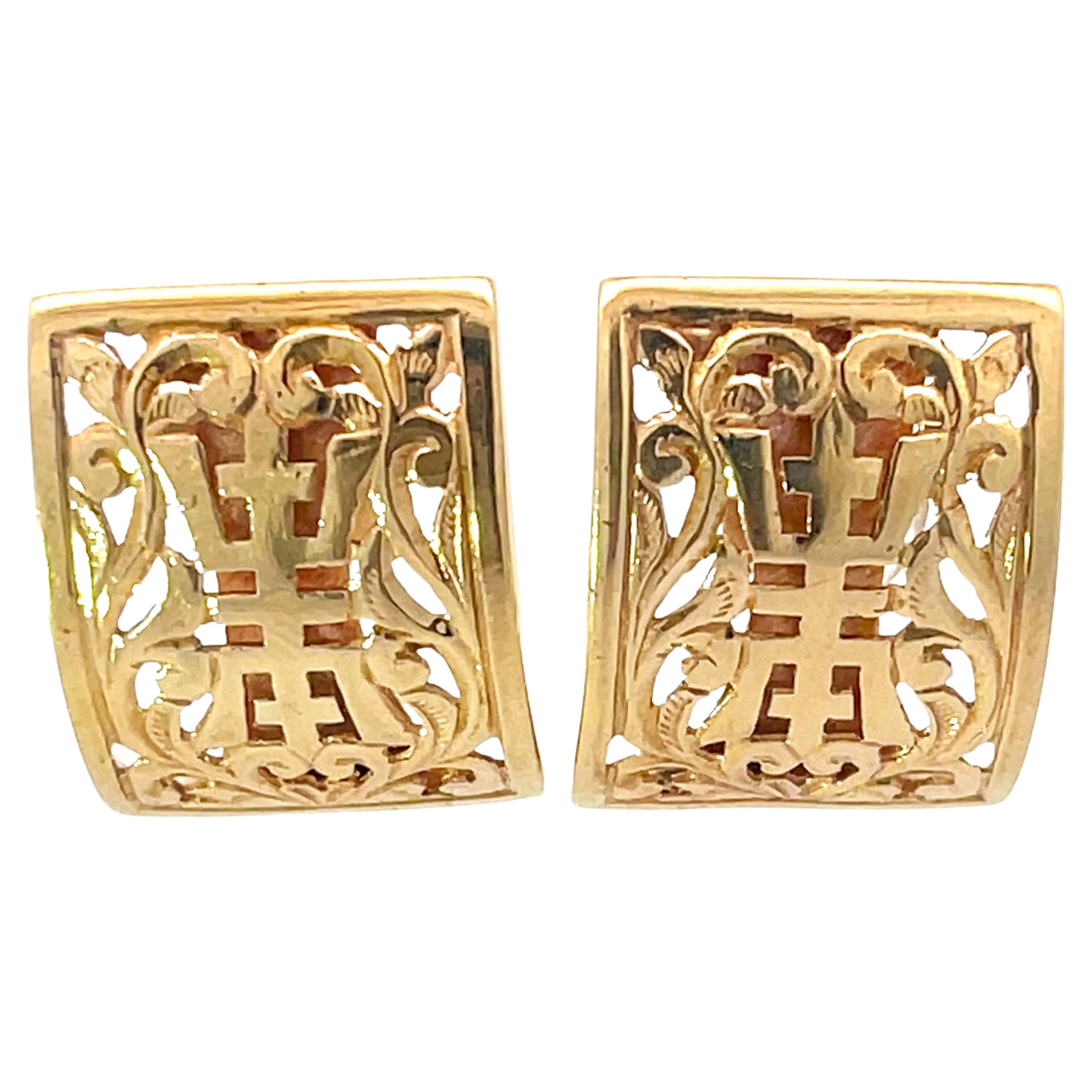 Mings Hawaii Pierced Longevity Rectangle Earrings in 14Karat Yellow Gold For Sale