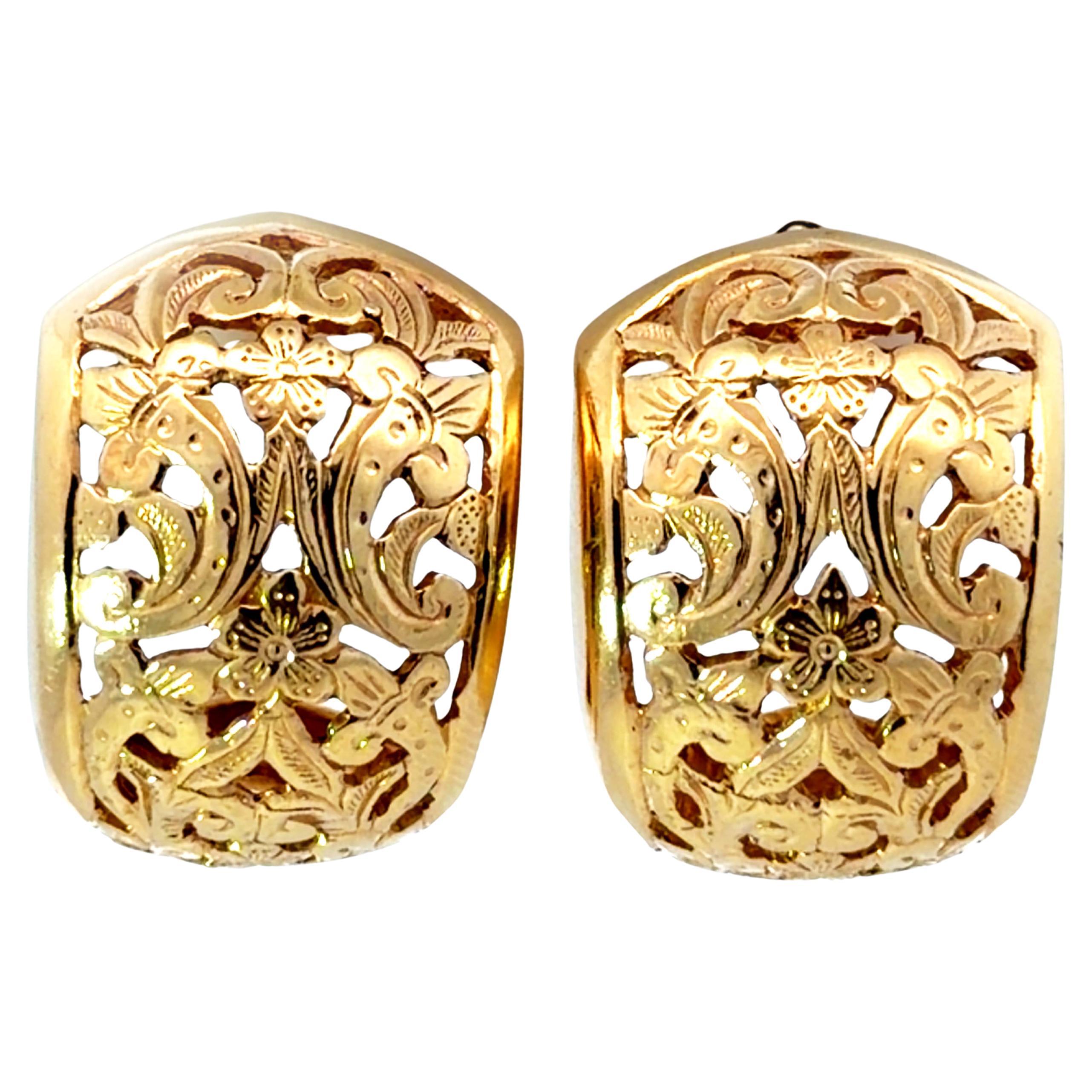 Mings Hawaii Plum Blossom and Fleur de lis Half Hoop Earrings 14K Gold