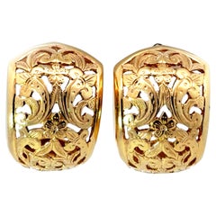 Mings Hawaii Plum Blossom and Fleur de lis Half Hoop Earrings 14K Gold