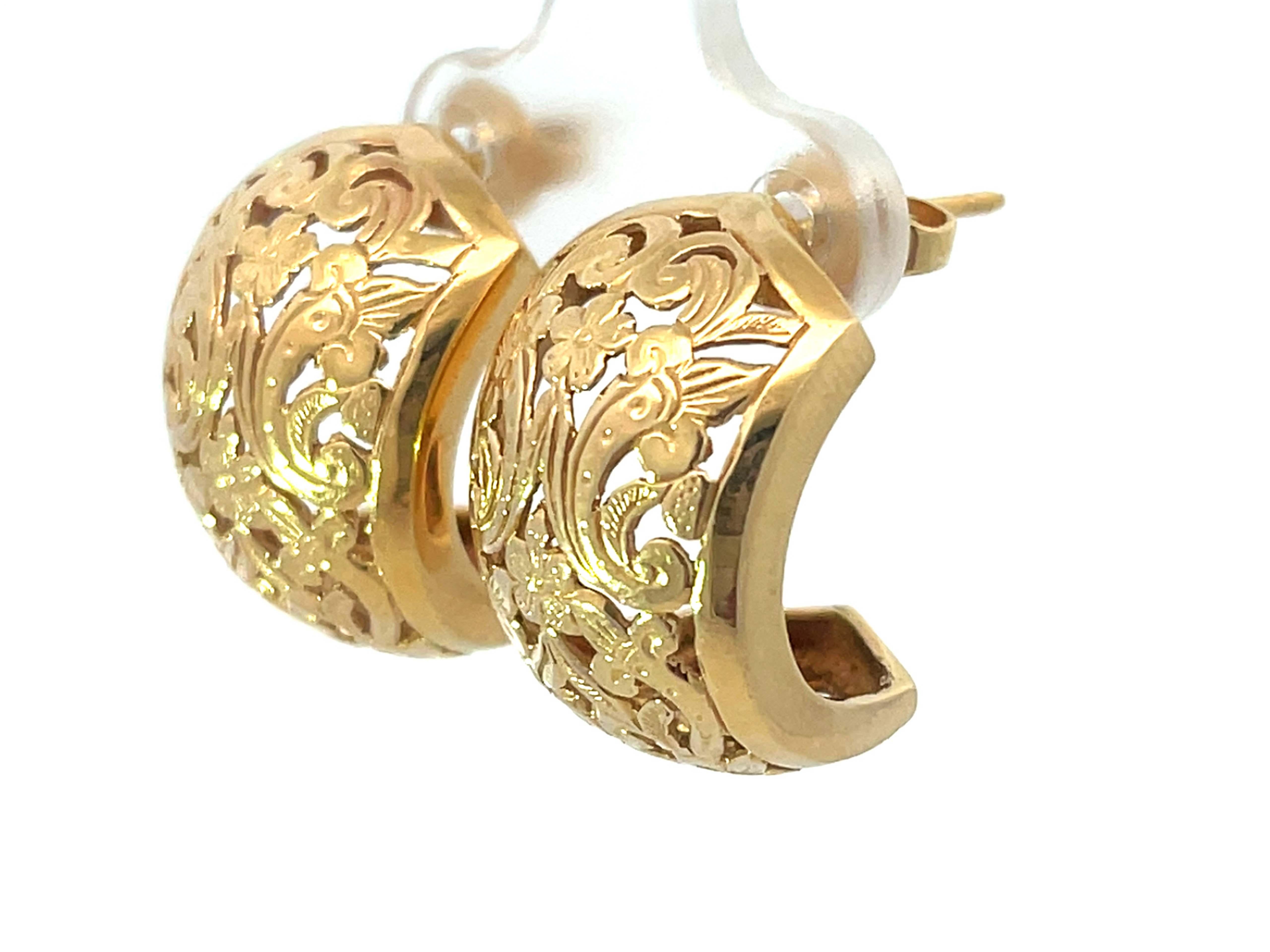 Modern Mings Hawaii Plum Blossom and Fleur De Lis Half Hoop Earrings in 14k Yellow Gold For Sale