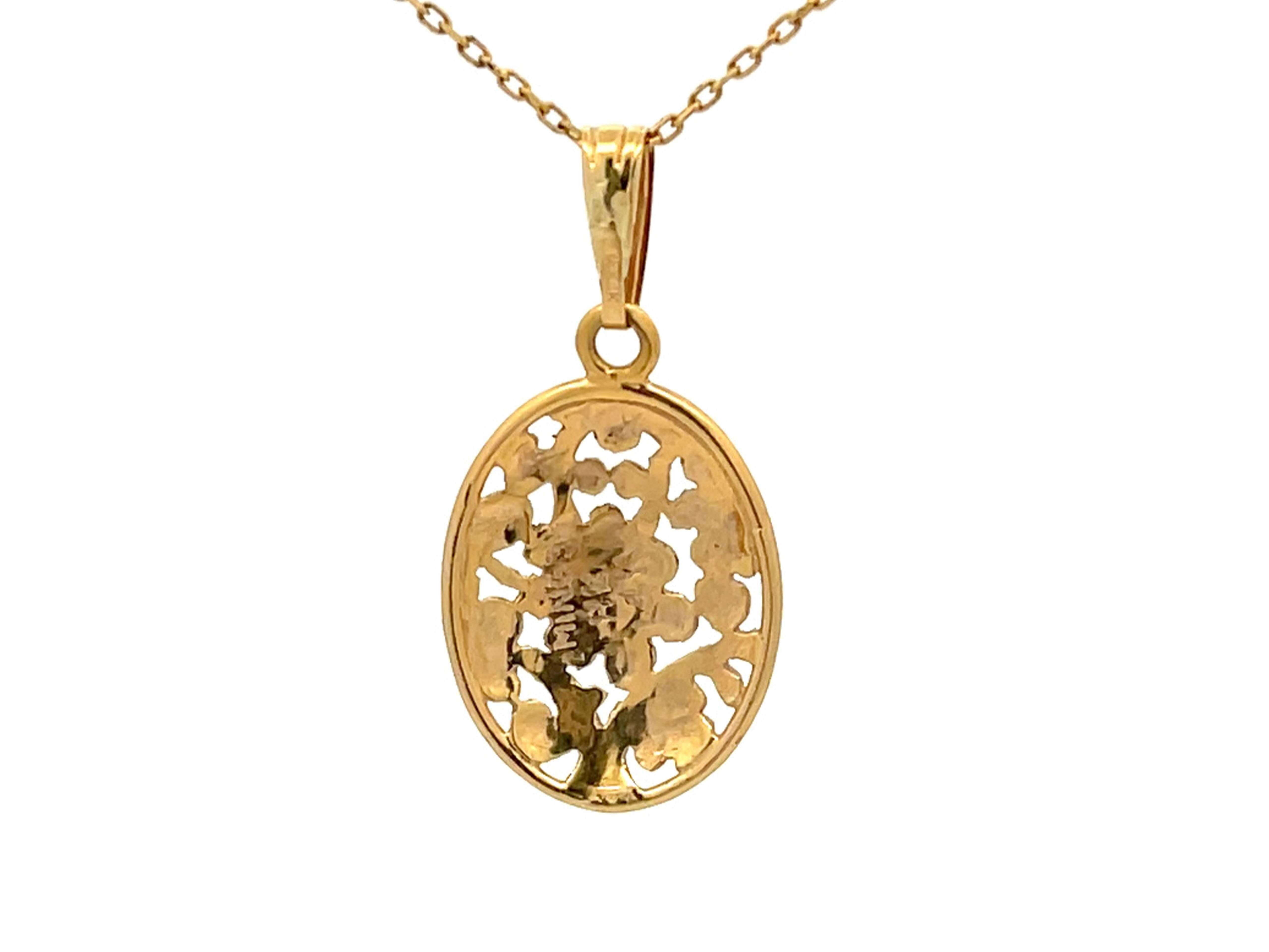 Mings Hawaii Plum Blossom Pierced Oval Pendant in 14k Yellow Gold with Chain 1