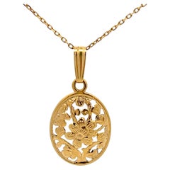 Vintage Mings Hawaii Plum Blossom Pierced Oval Pendant in 14k Yellow Gold with Chain