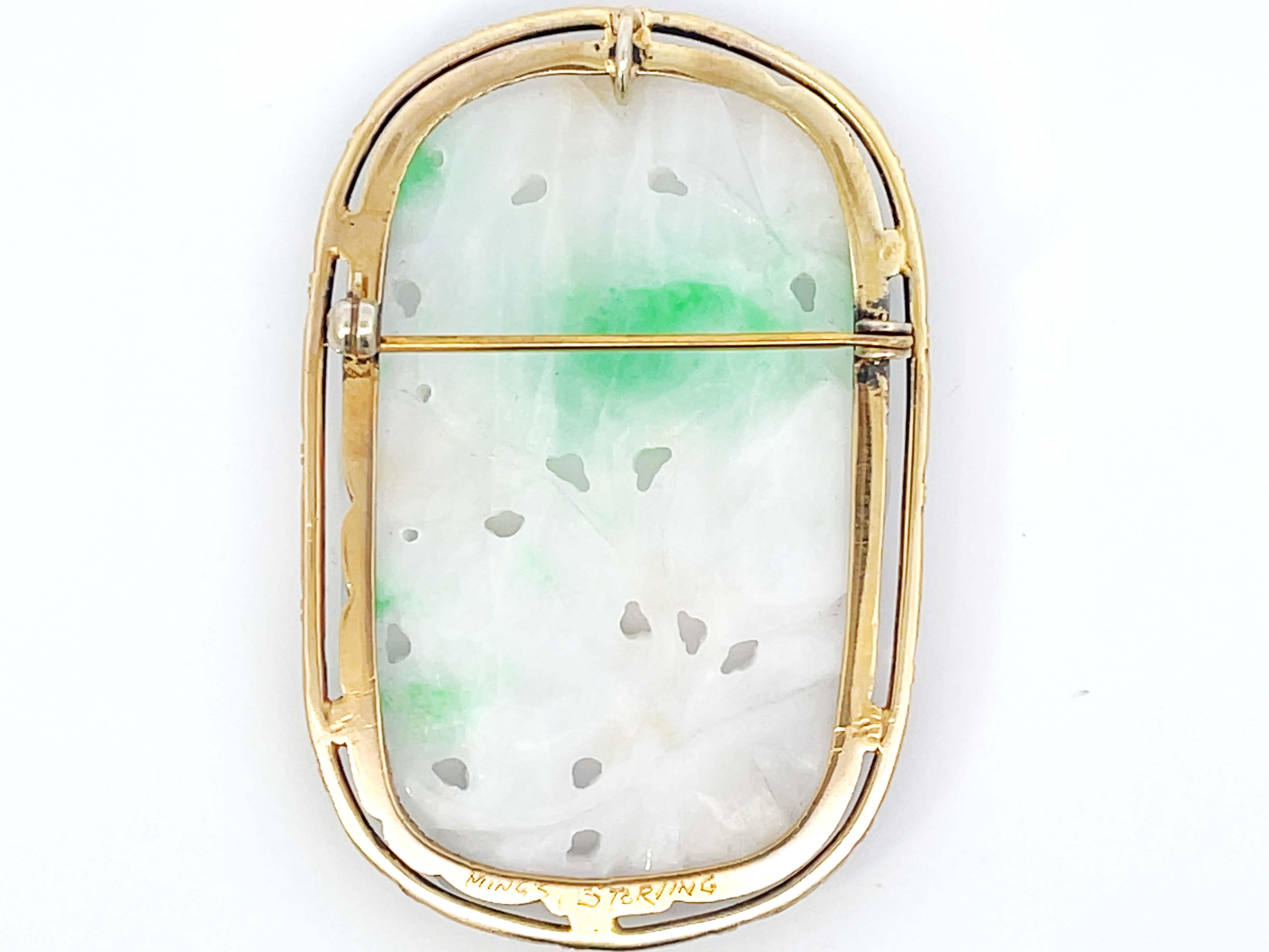 Rough Cut Mings Hawaii Rectangular White and Green Jade Brooch  For Sale
