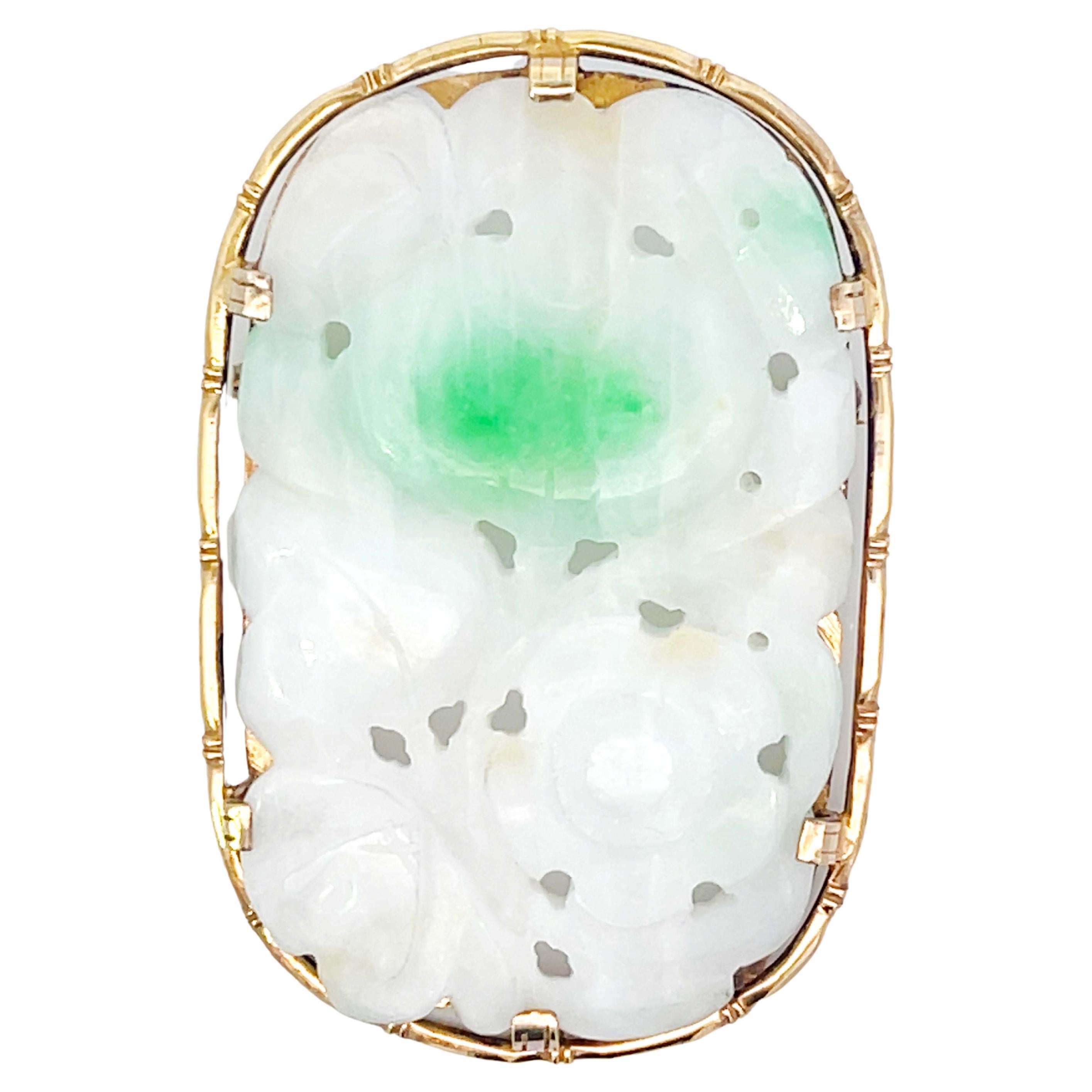 Mings Hawaii Rectangular White and Green Jade Brooch  For Sale