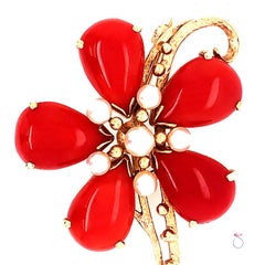 Ming's Hawaii Red Coral and Akoya Pearl 14 Karat Yellow Gold Large Flower Brooch