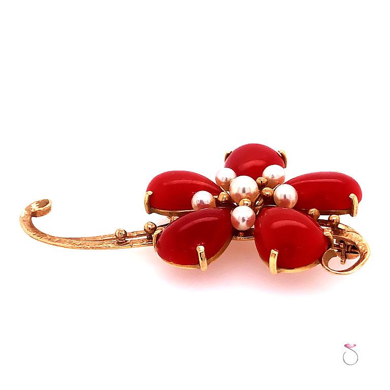Contemporary Ming's Hawaii Red Coral and Akoya Pearl 14 Karat Yellow Gold Large Flower Brooch