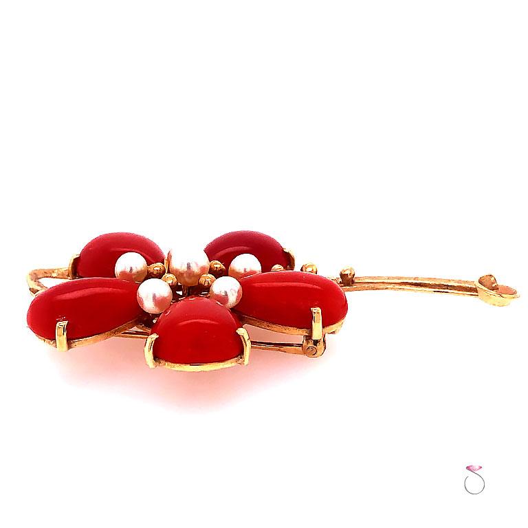 Pear Cut Ming's Hawaii Red Coral and Akoya Pearl 14 Karat Yellow Gold Large Flower Brooch