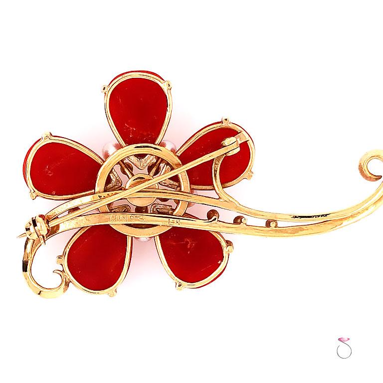 Ming's Hawaii Red Coral and Akoya Pearl 14 Karat Yellow Gold Large Flower Brooch In Excellent Condition In Honolulu, HI