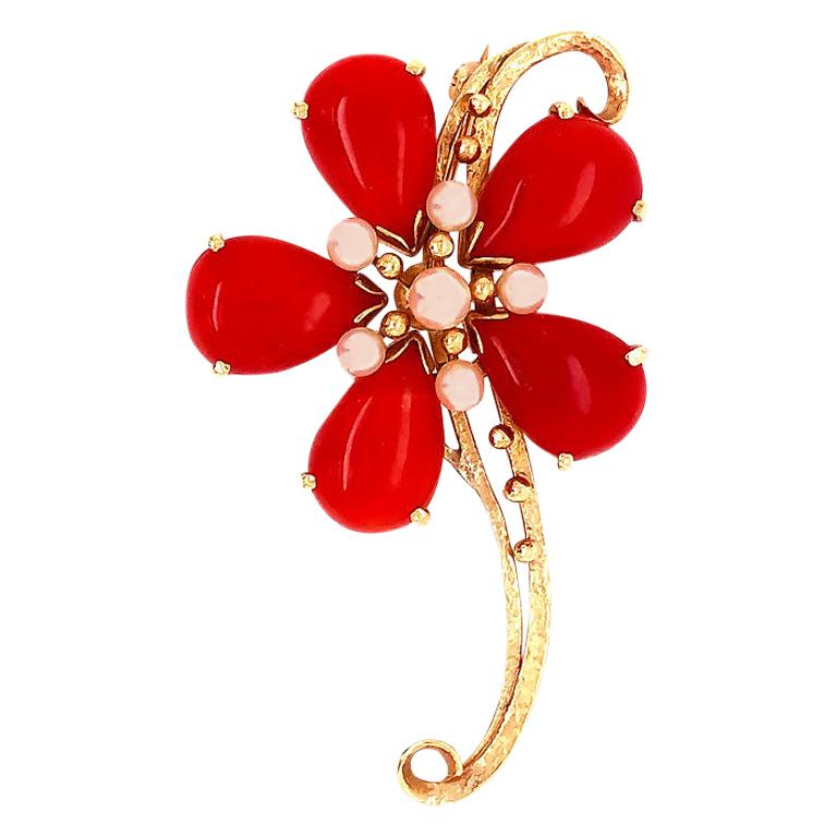 Ming's Hawaii Red Coral and Akoya Pearl 14 Karat Yellow Gold Large Flower Brooch