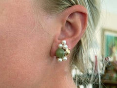 Mings Hawaii Round Green Jade and Akoya Pearl Clip on Earrings 14K Yellow Gold