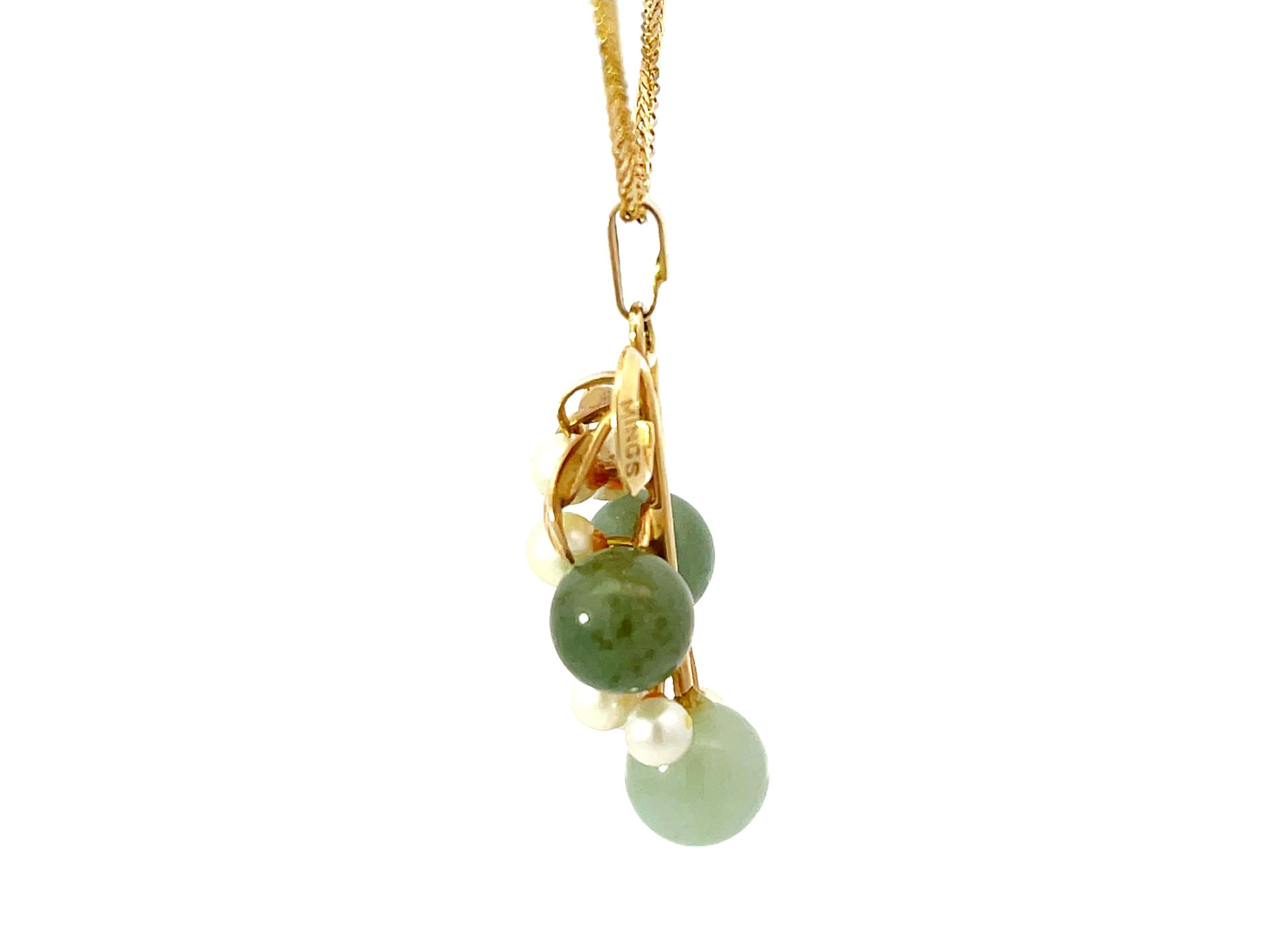 Women's Mings Hawaii Round Jade Pearl Leaf Necklace 14k Yellow Gold For Sale