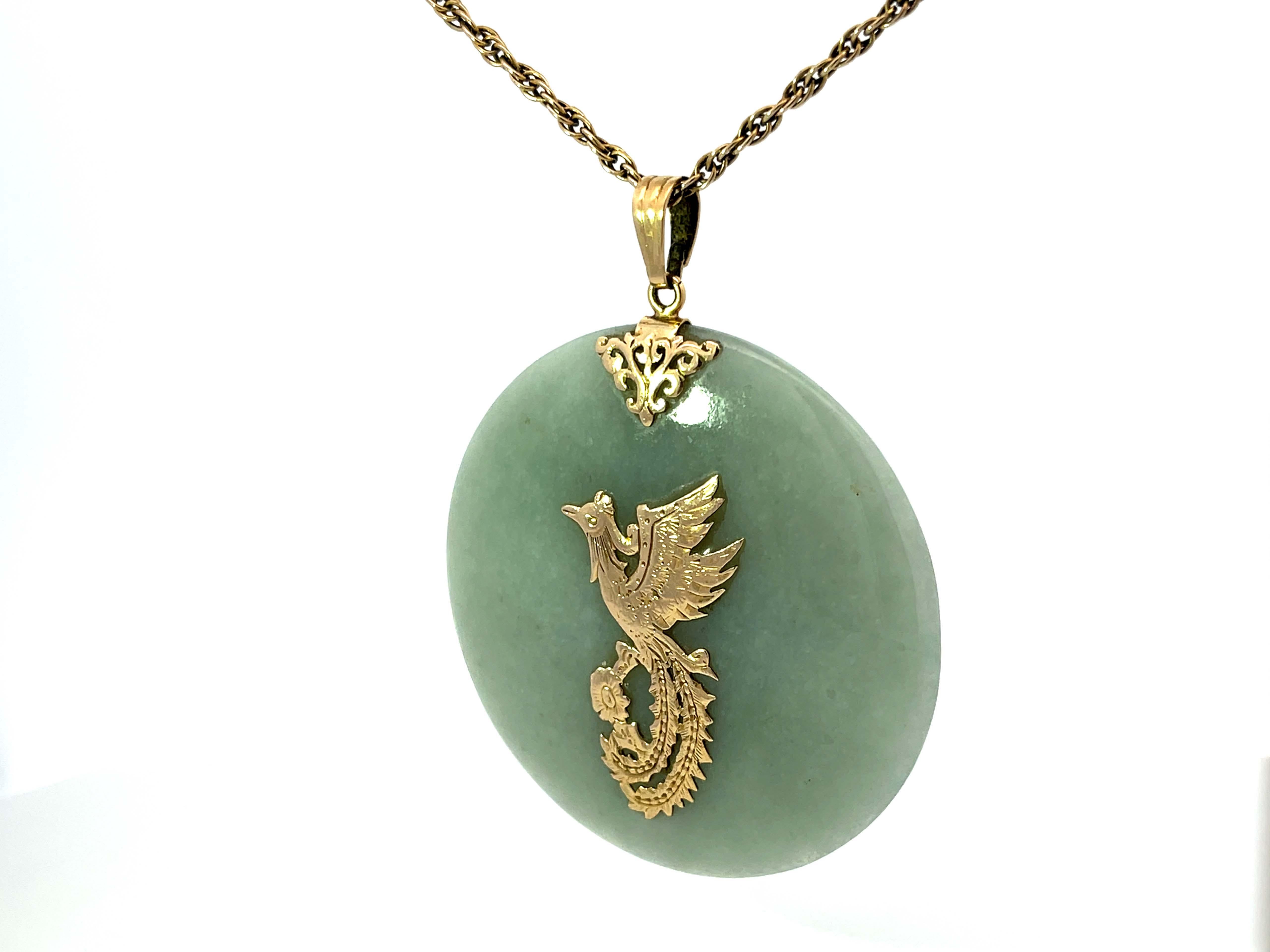 Taille ronde Ming Ming Phoenix pendentif en or jaune 14k en jade rond de Hawaii en vente