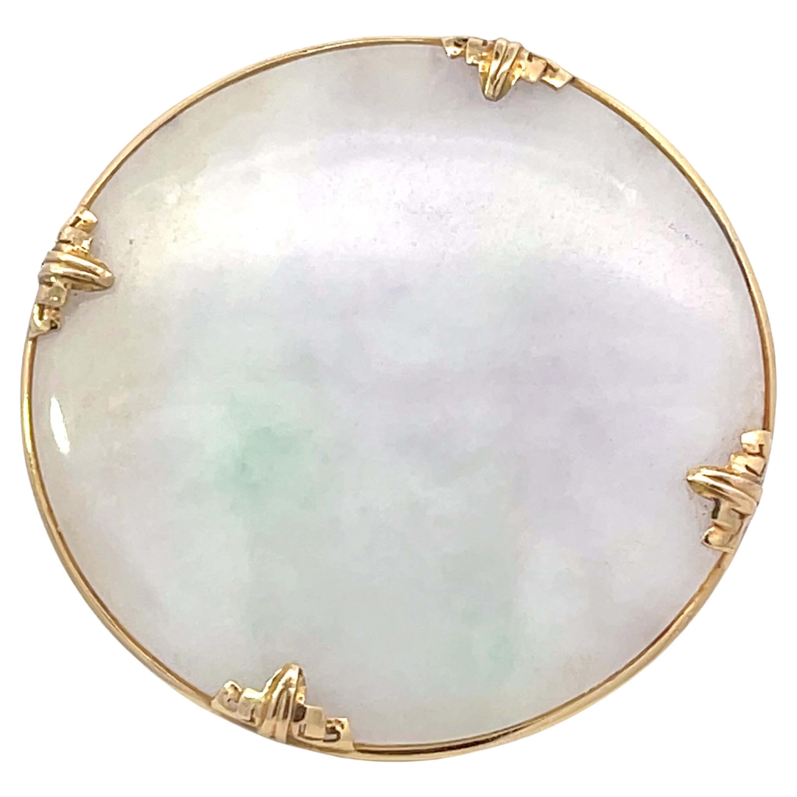 Mings Hawaii Round White Jade Brooch 14k Yellow Gold For Sale