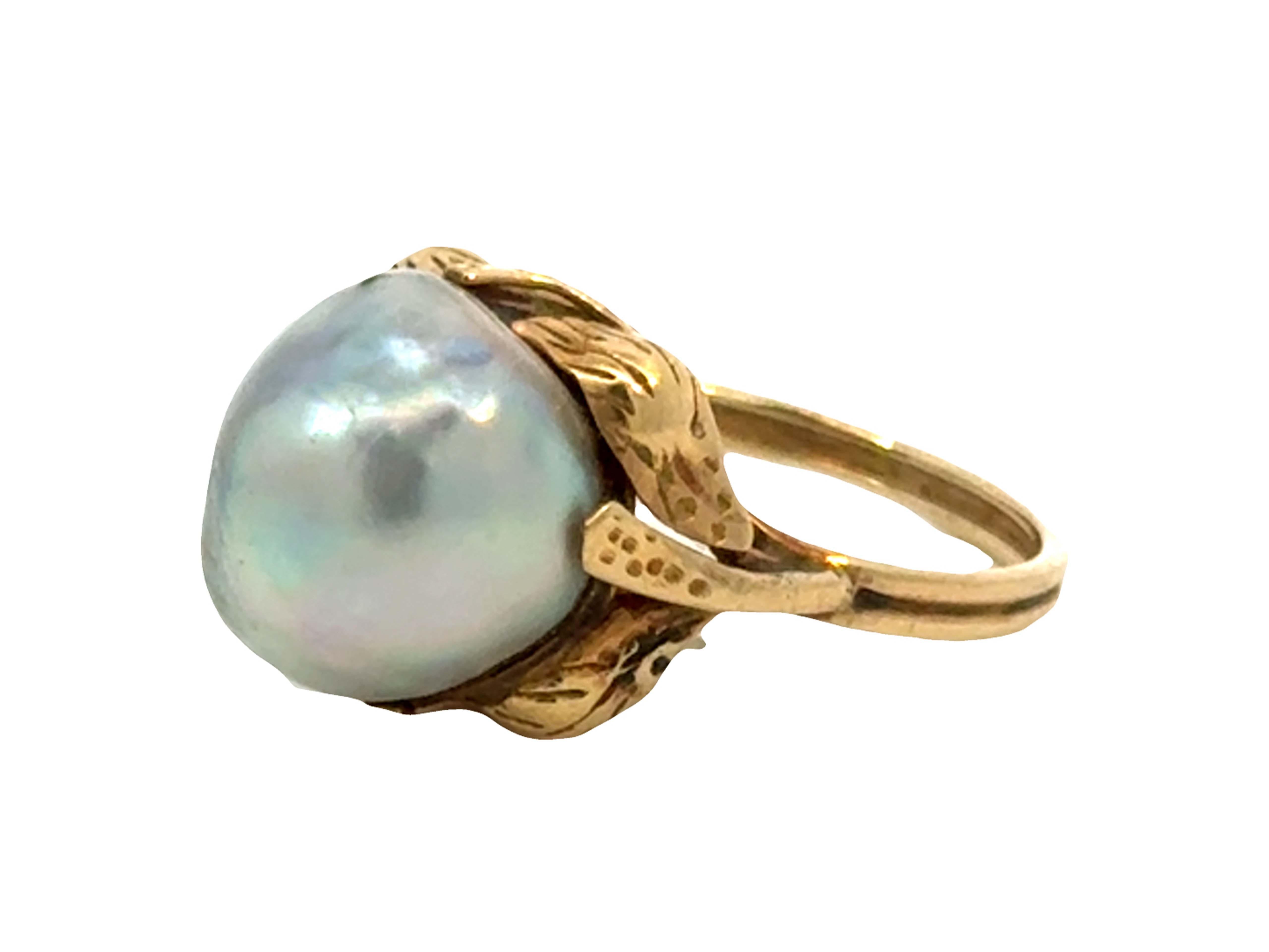 Round Cut Ming's Hawaii Silver Baroque Pearl Ring 14k Yellow Gold For Sale