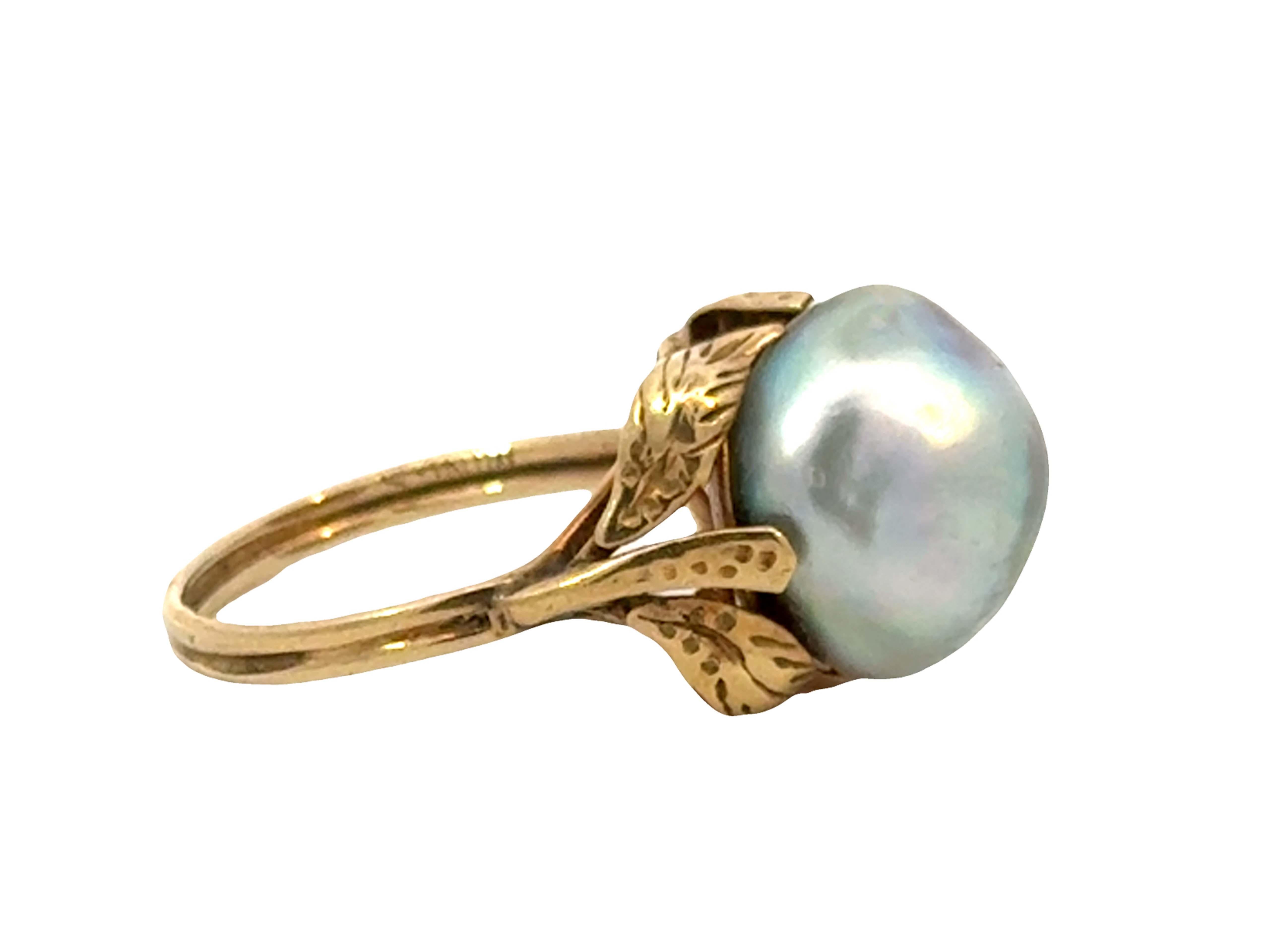 Ming's Hawaii Silver Baroque Pearl Ring 14k Yellow Gold In Excellent Condition For Sale In Honolulu, HI
