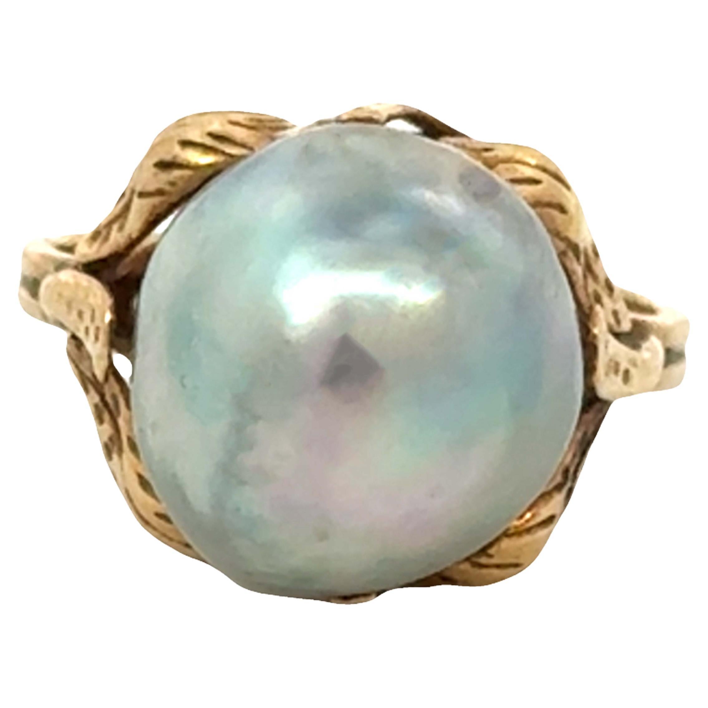 Ming's Hawaii Silver Baroque Pearl Ring 14k Yellow Gold For Sale