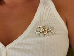 Mings Hawaii Sphere Jade and Akoya Pearl Leaf Brooch 14k Yellow Gold