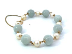 Mings Hawaii Sphere Jade and Akoya Pearl Strand Bracelet 14K Yellow Gold