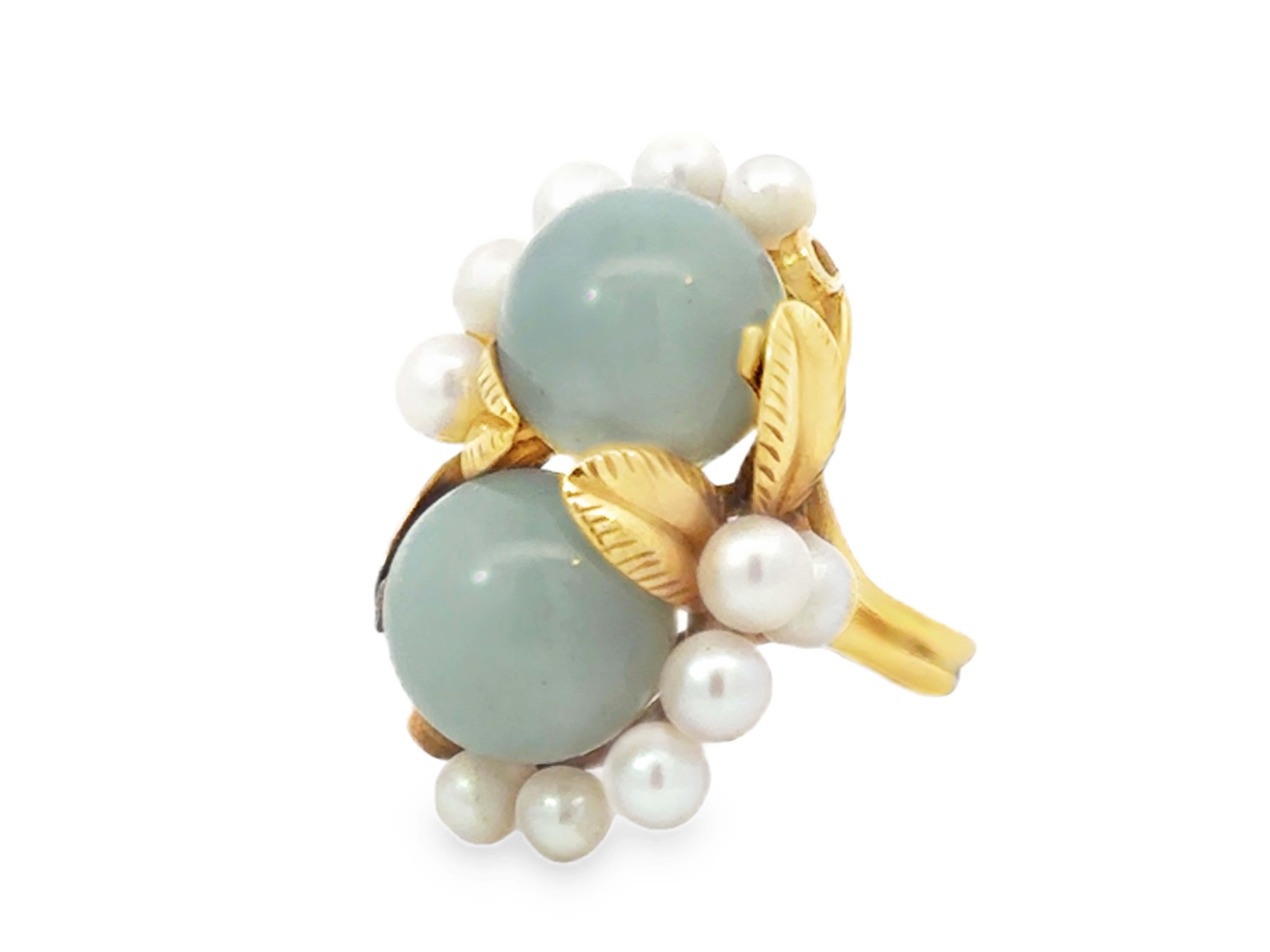 Donna Ming Ming Hawaii Anello con due sfere di giada e perle Akoya in oro giallo 14k in vendita