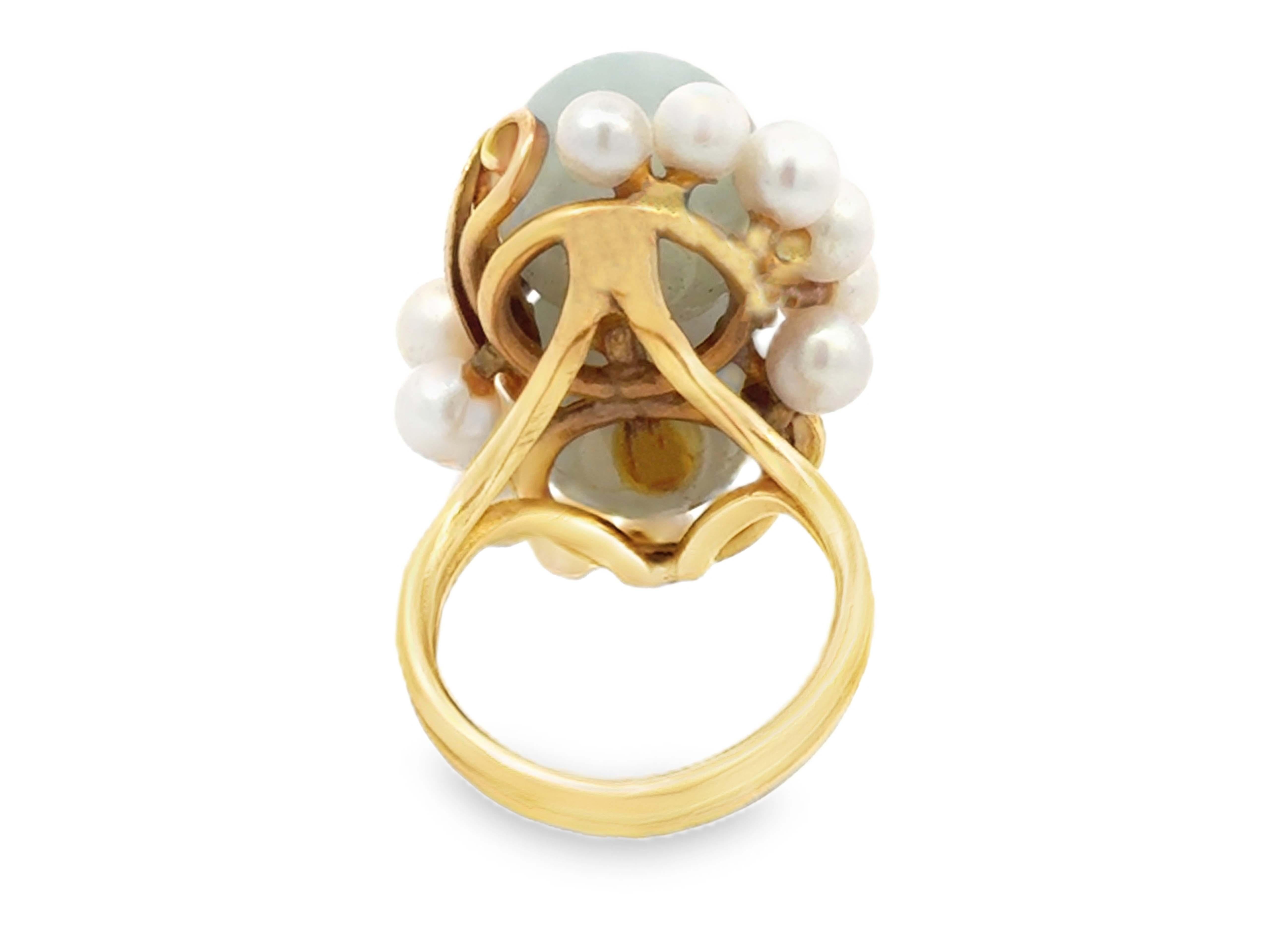 Ming Ming Hawaii Anello con due sfere di giada e perle Akoya in oro giallo 14k in vendita 1