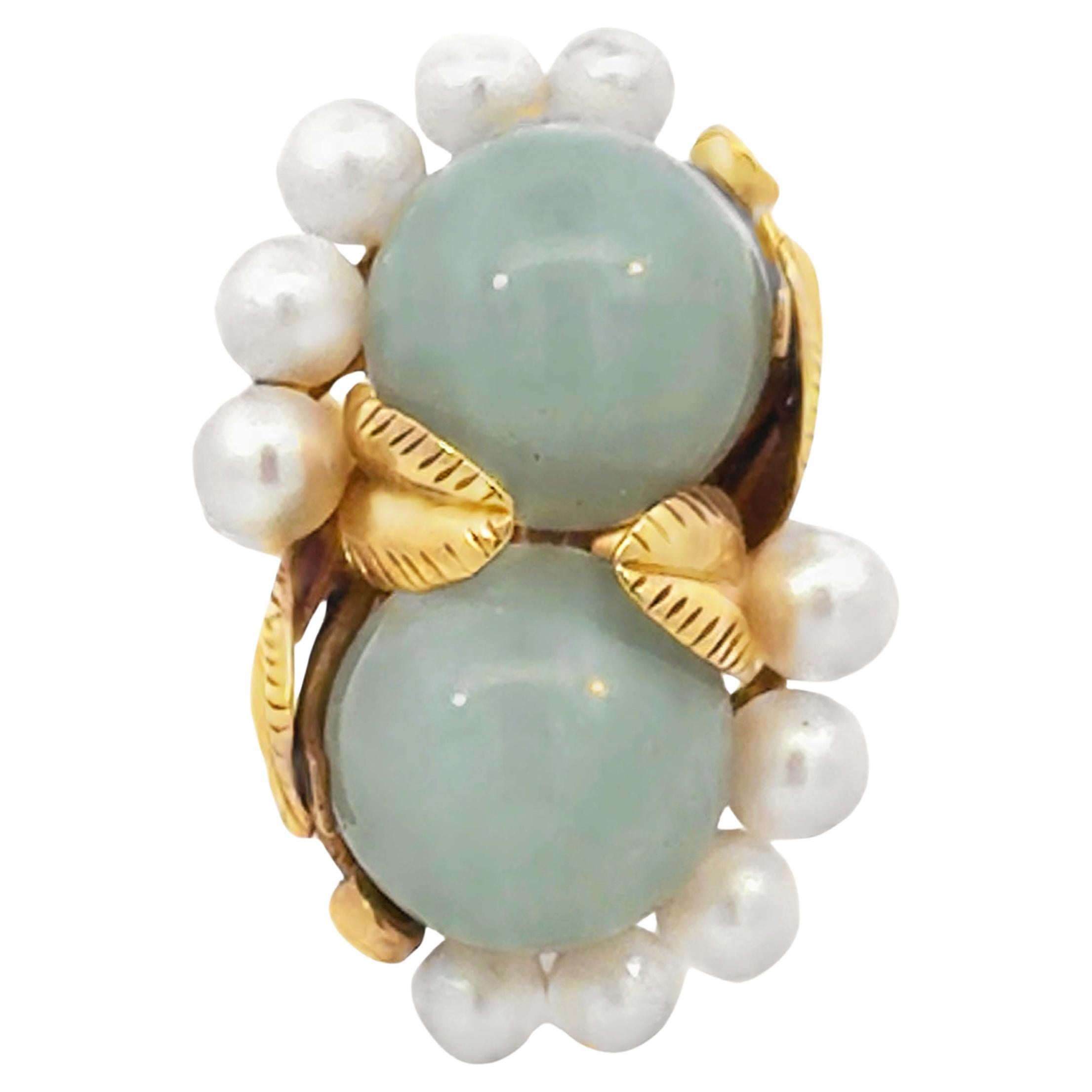 Mings Hawaii Two Jade Sphere Akoya Pearl Ring 14k Yellow Gold