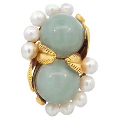 Mings Hawaii Two Jade Sphere Akoya Pearl Ring 14k Yellow Gold