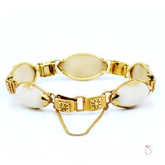 Ming's Hawaii White Jade and Hawaiian Quilt Design 14 Karat Yellow Gold Bracelet