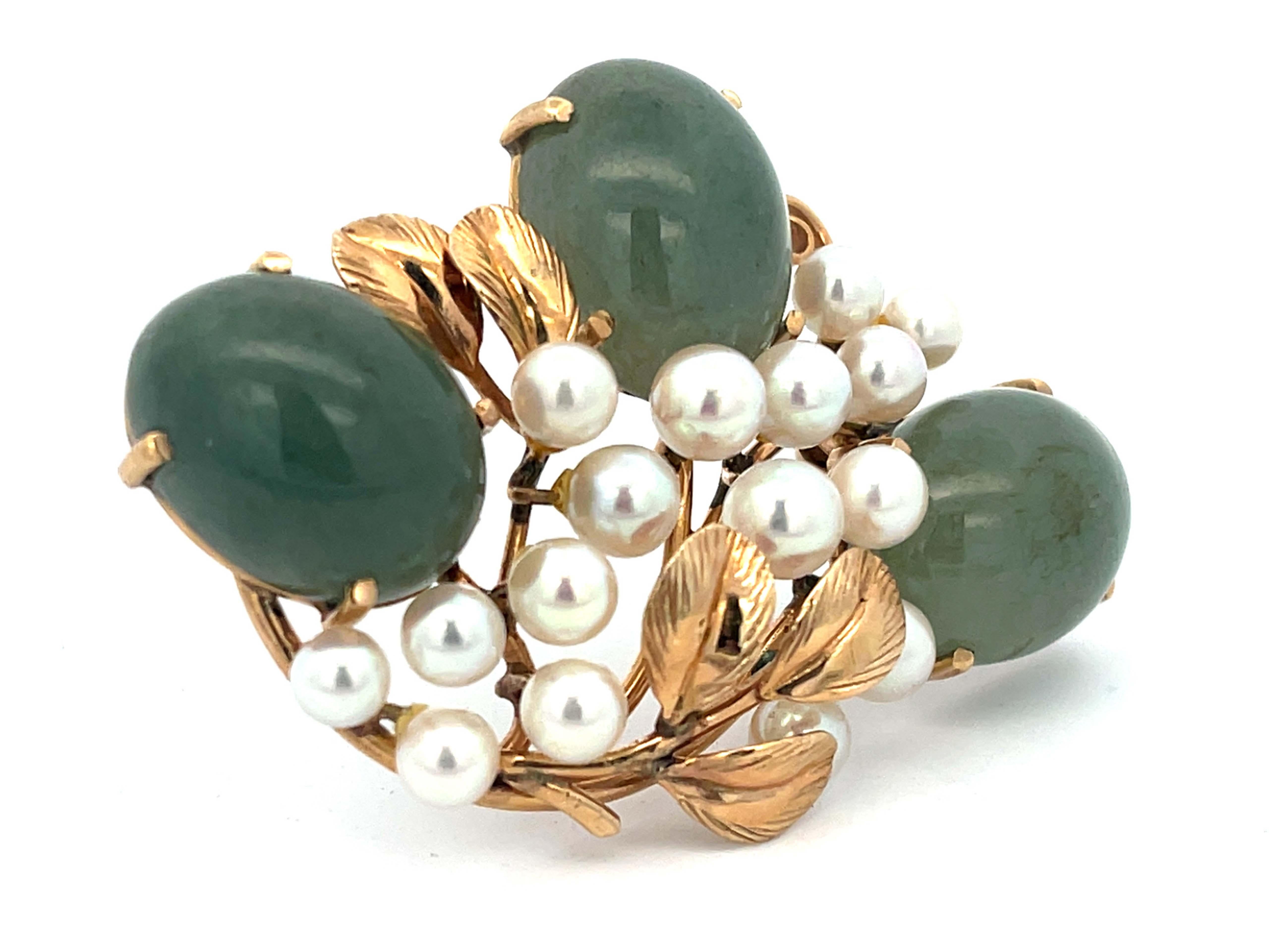 Modern Mings Jade and Pearl Leaf Brooch in 14k Yellow Gold For Sale