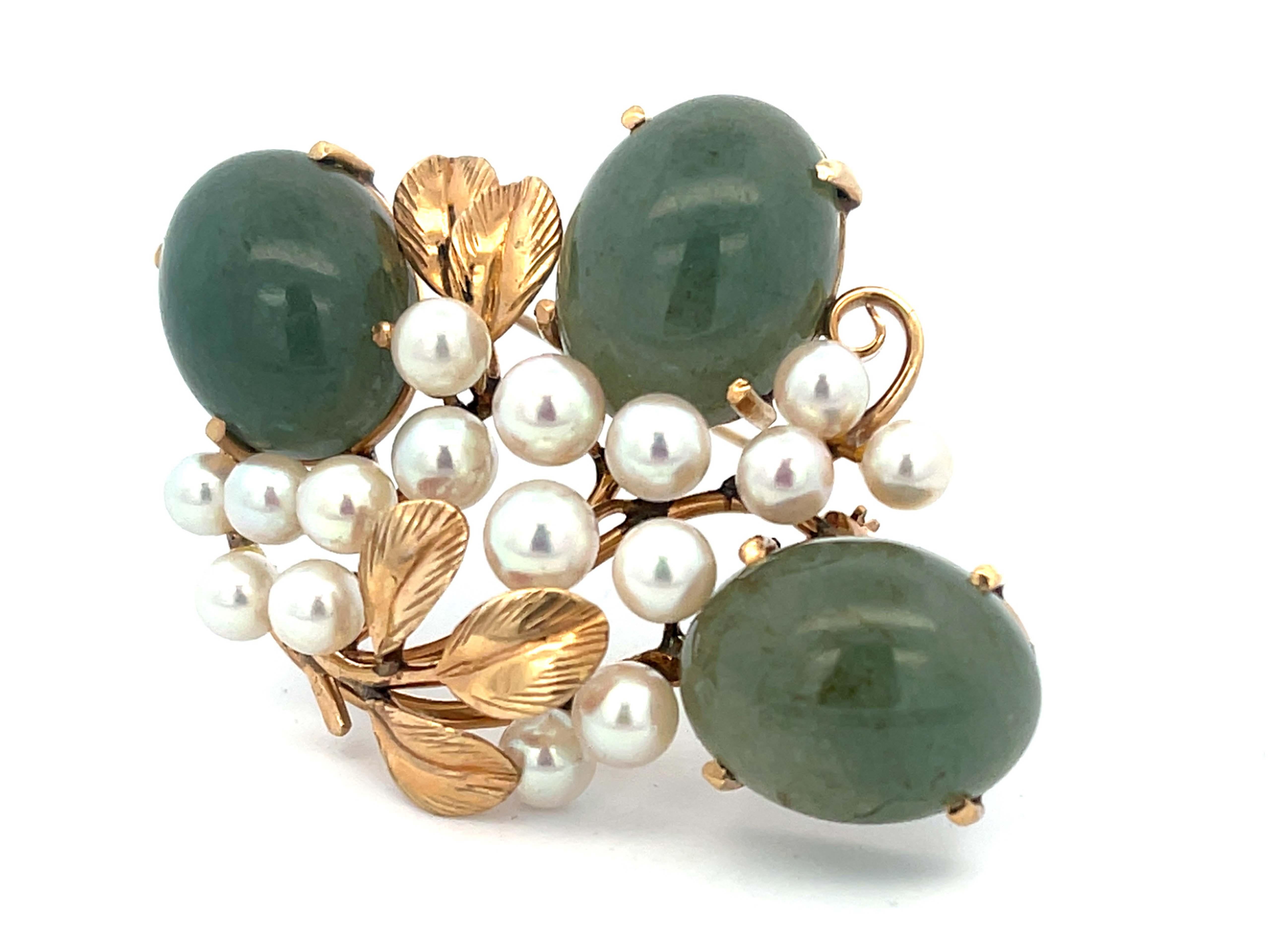 Round Cut Mings Jade and Pearl Leaf Brooch in 14k Yellow Gold For Sale