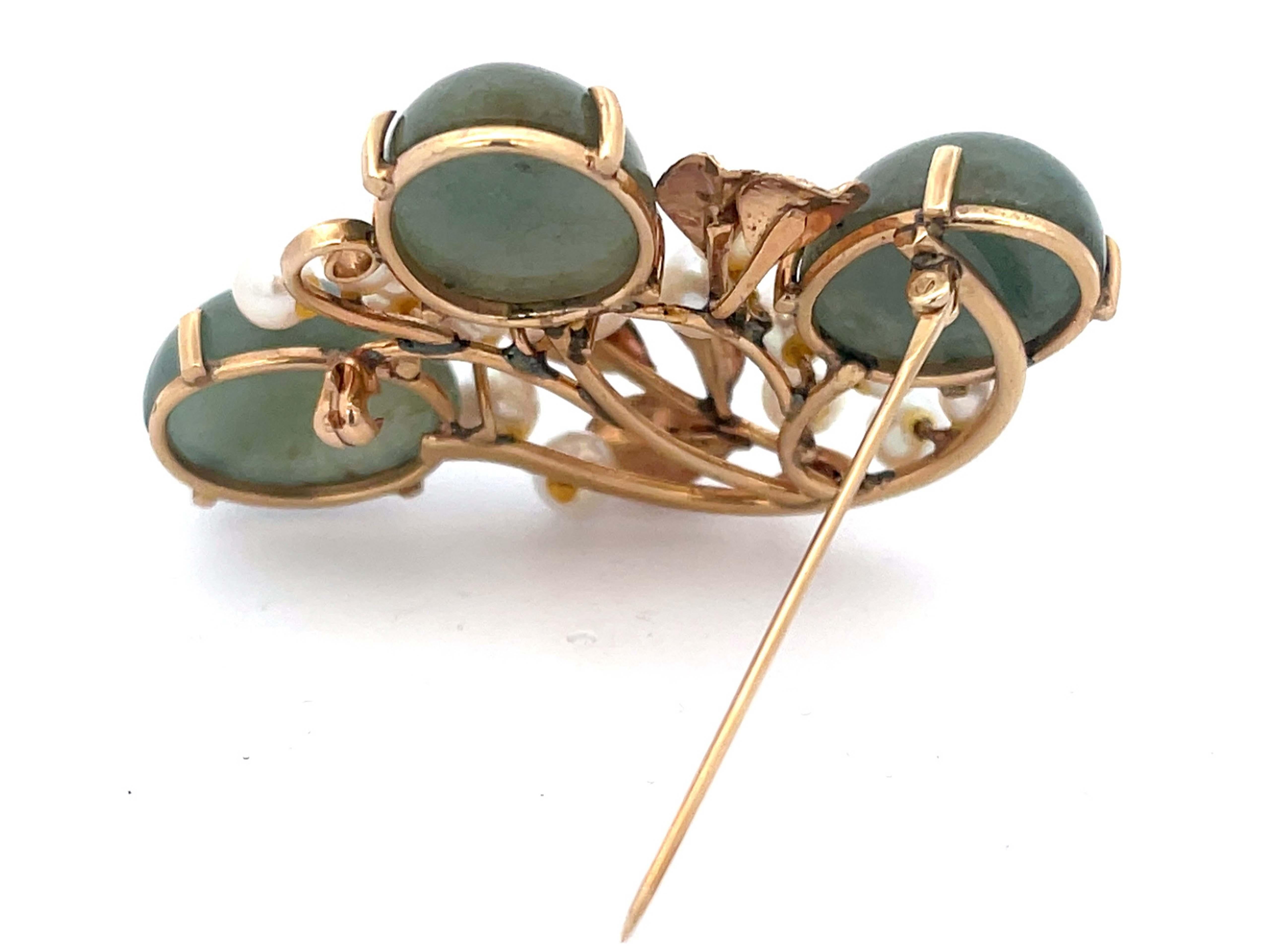 Mings Jade and Pearl Leaf Brooch in 14k Yellow Gold For Sale 1