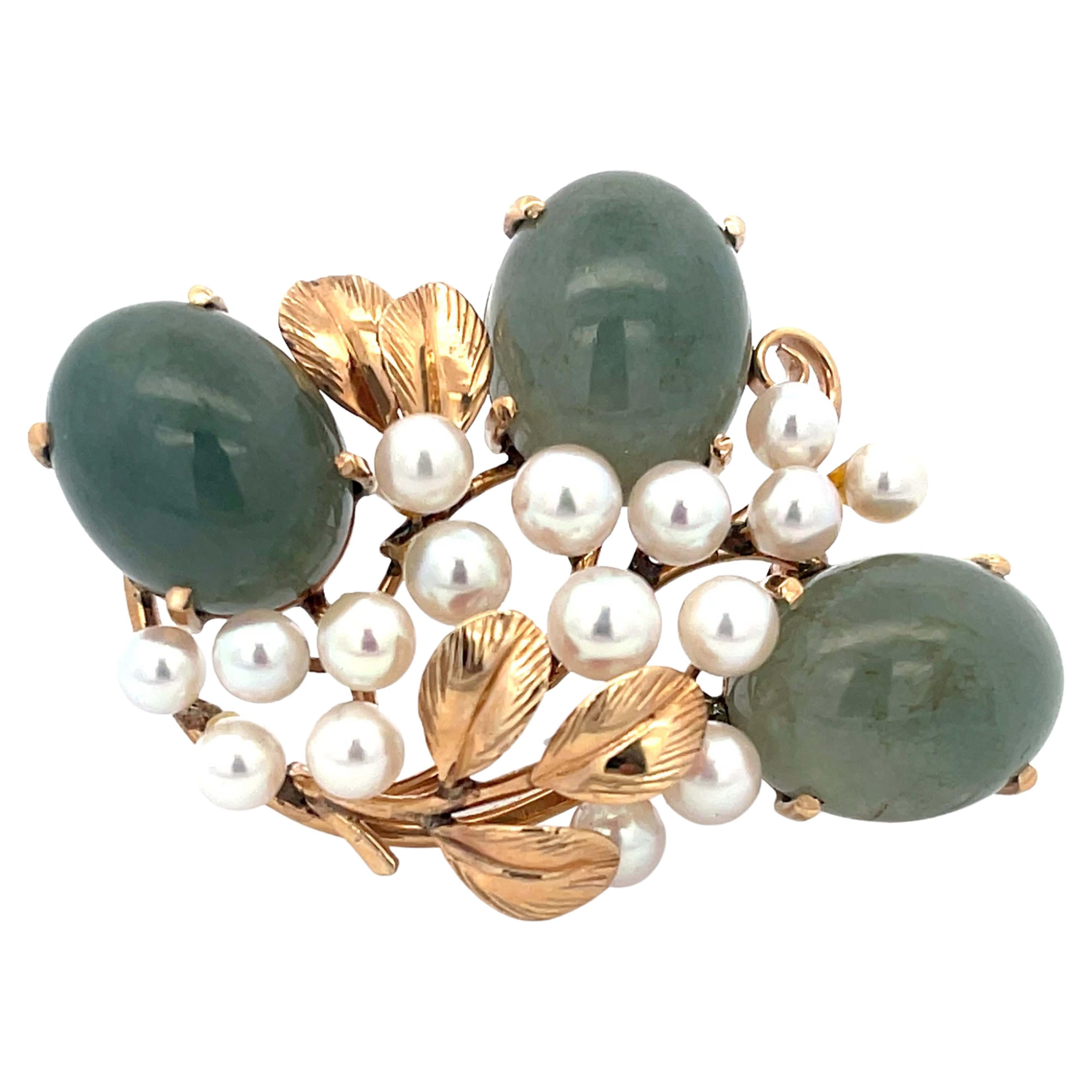 Mings Jade and Pearl Leaf Brooch in 14k Yellow Gold For Sale