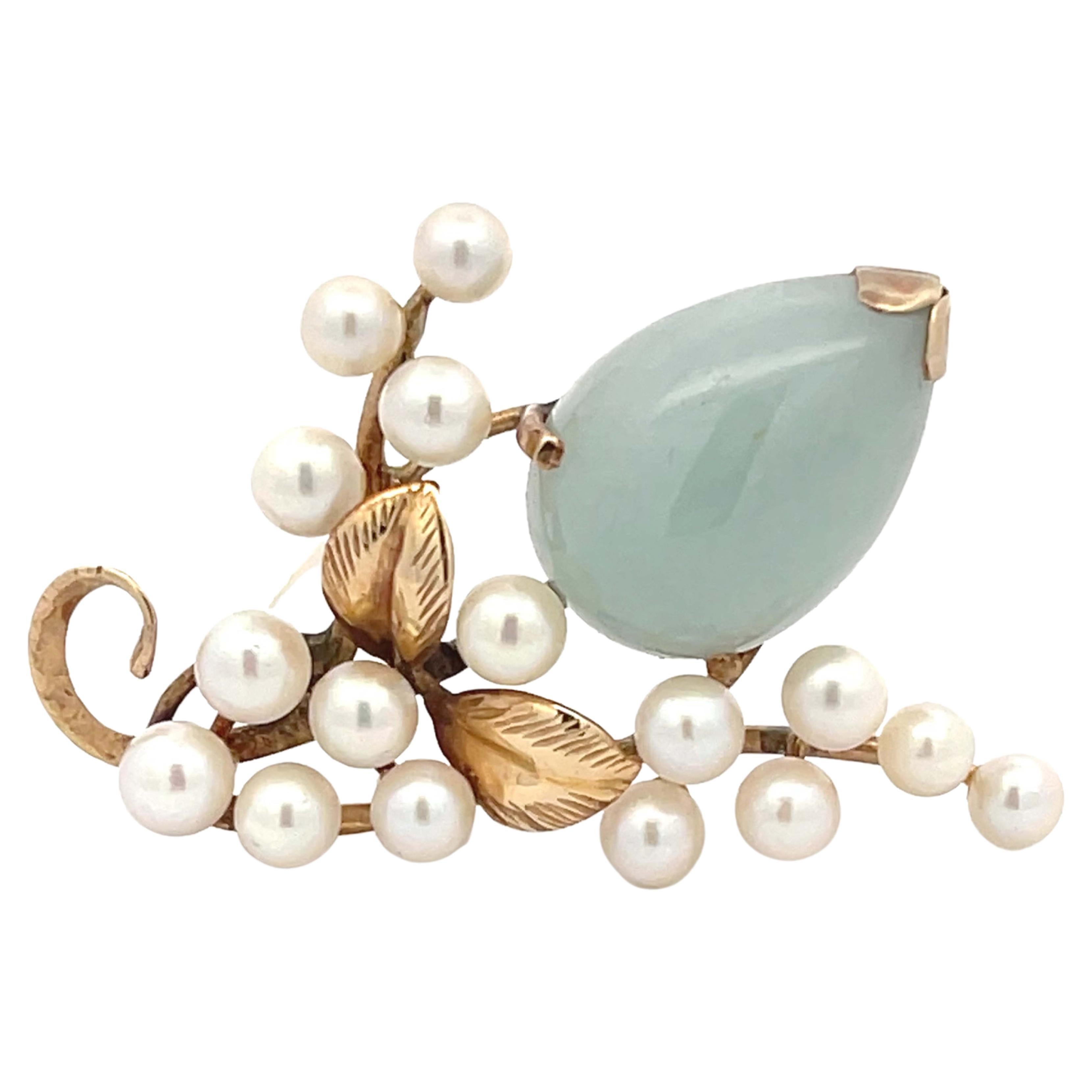 Mings Jade and Pearls Leaf Branch in 14k Yellow Gold For Sale