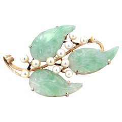 Mings Jade Leaf and Pearl Brooch in 14k Yellow Gold