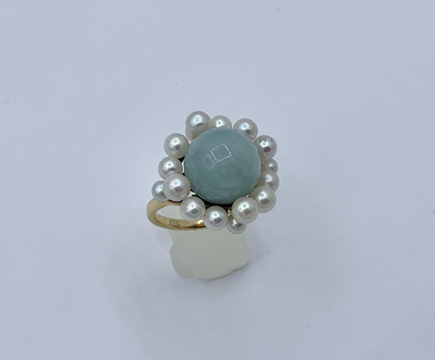 Contemporary Mings Jade Pearl Halo Ring 14 Karat Gold Hawaii For Sale