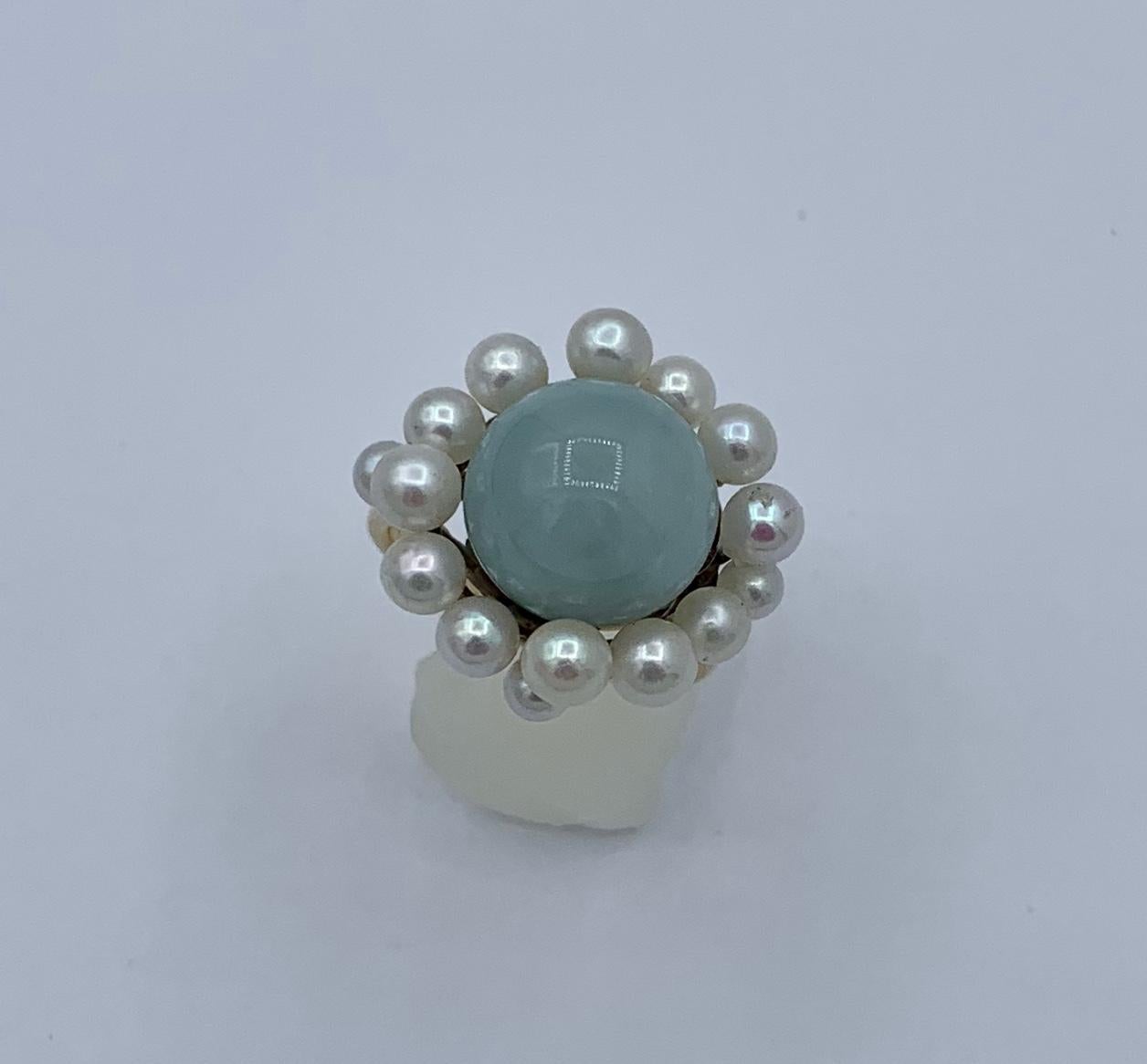 Mings Jade Pearl Halo Ring 14 Karat Gold Hawaii In Excellent Condition For Sale In New York, NY