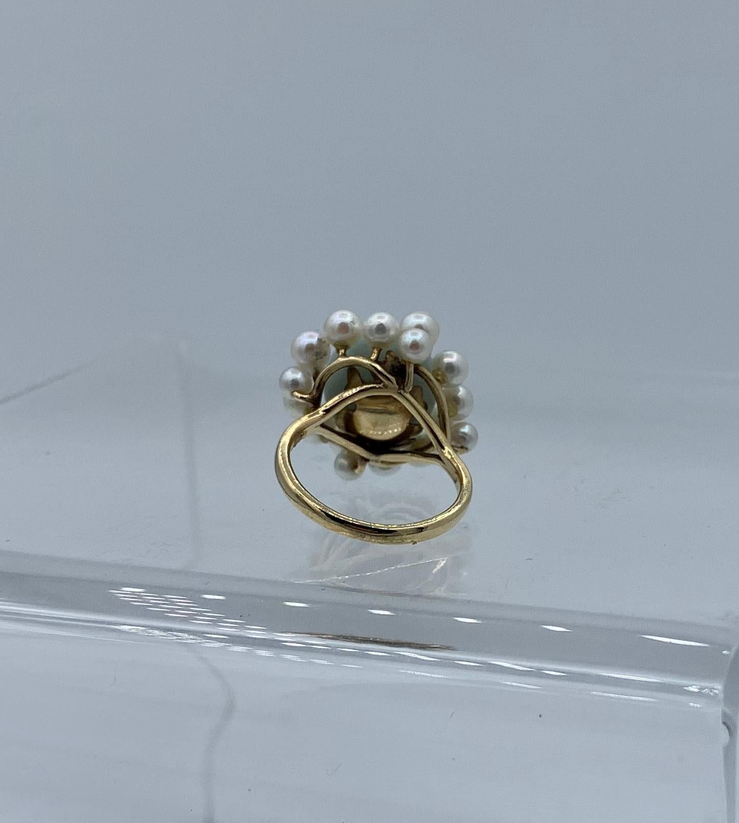 Mings Jade Pearl Halo Ring 14 Karat Gold Hawaii For Sale 3