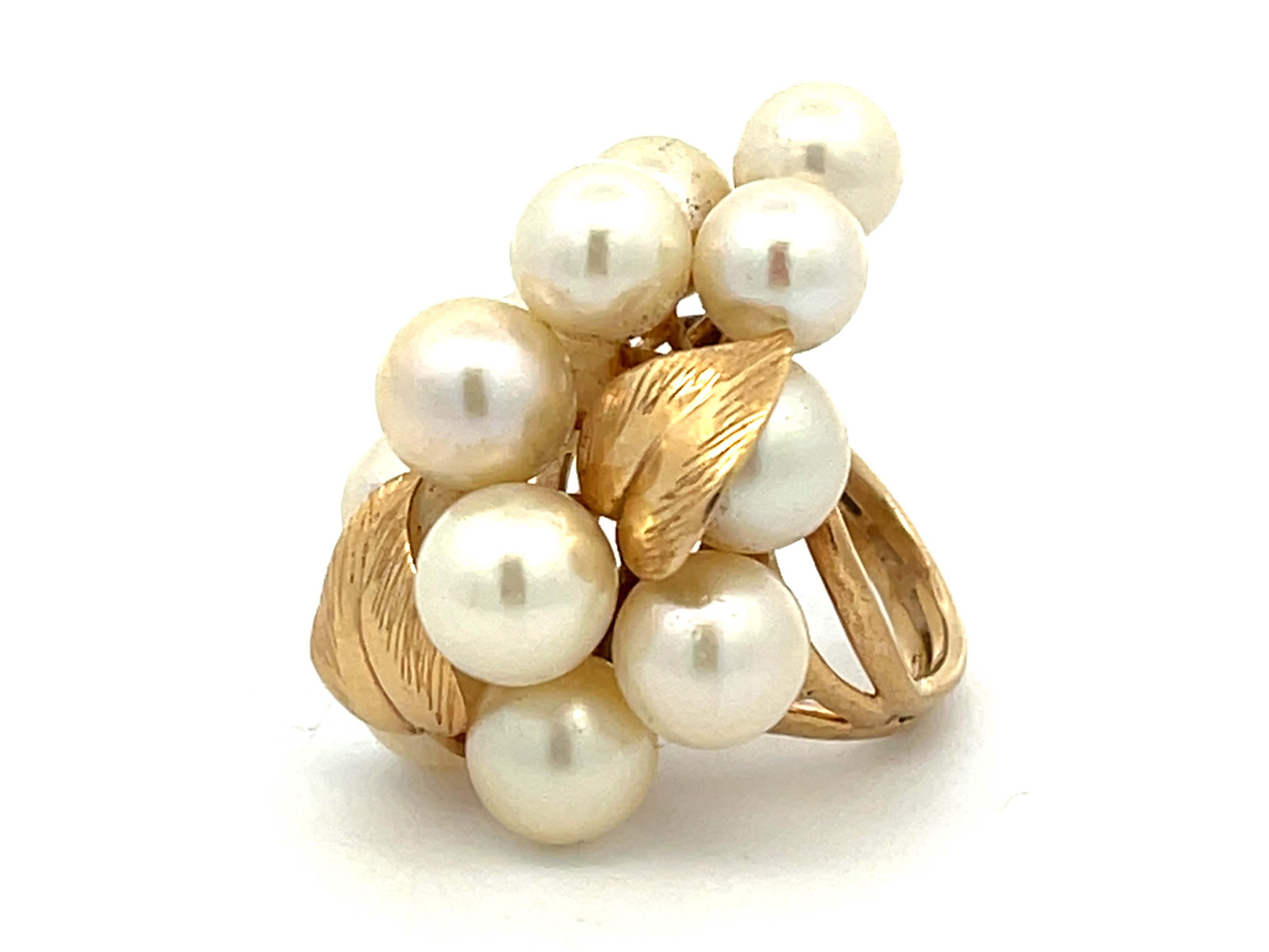 Round Cut Mings Large Akoya Pearl and Leaf Ring in 14k Yellow Gold For Sale