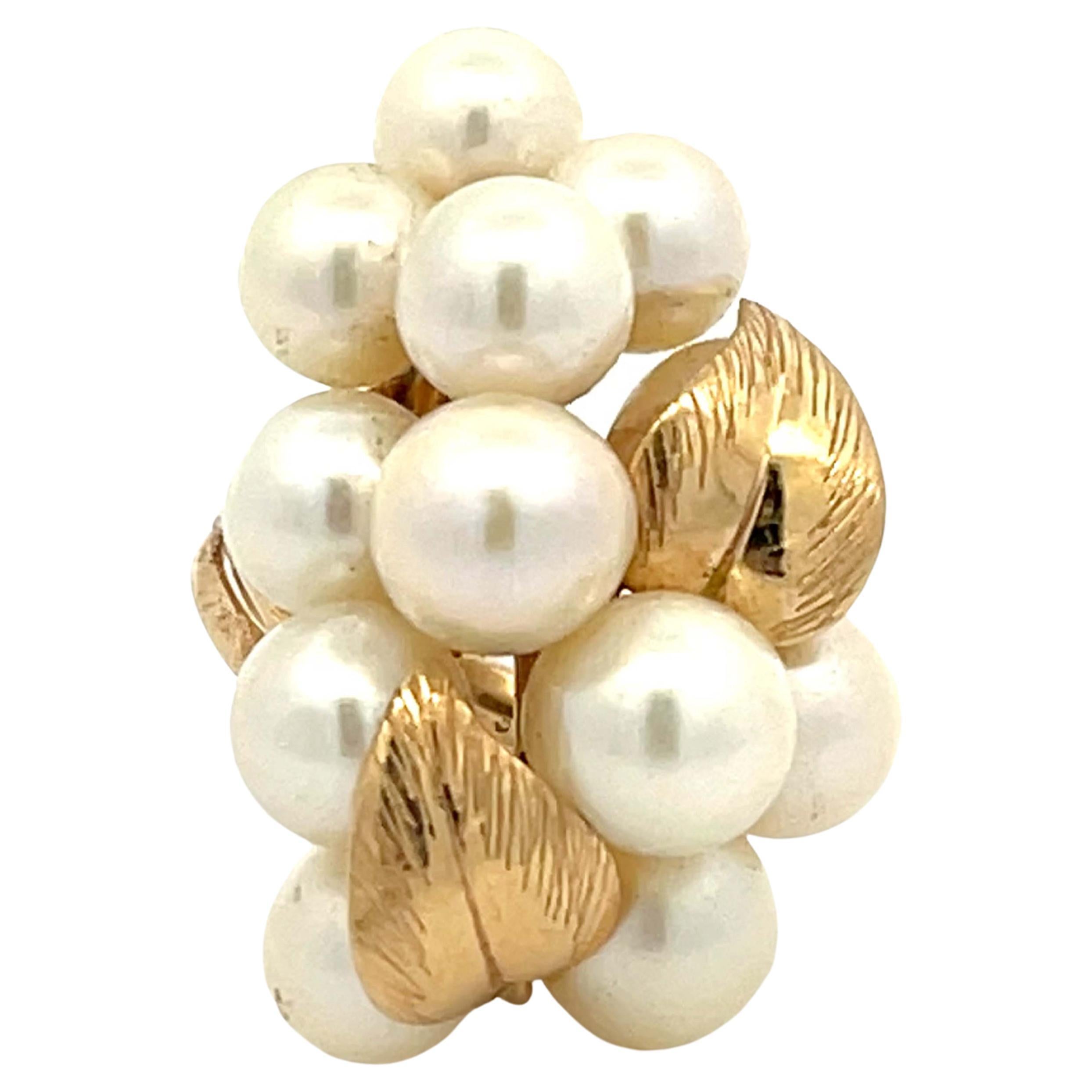 Mings, grande bague Akoya en or jaune 14 carats avec perles et feuilles en vente